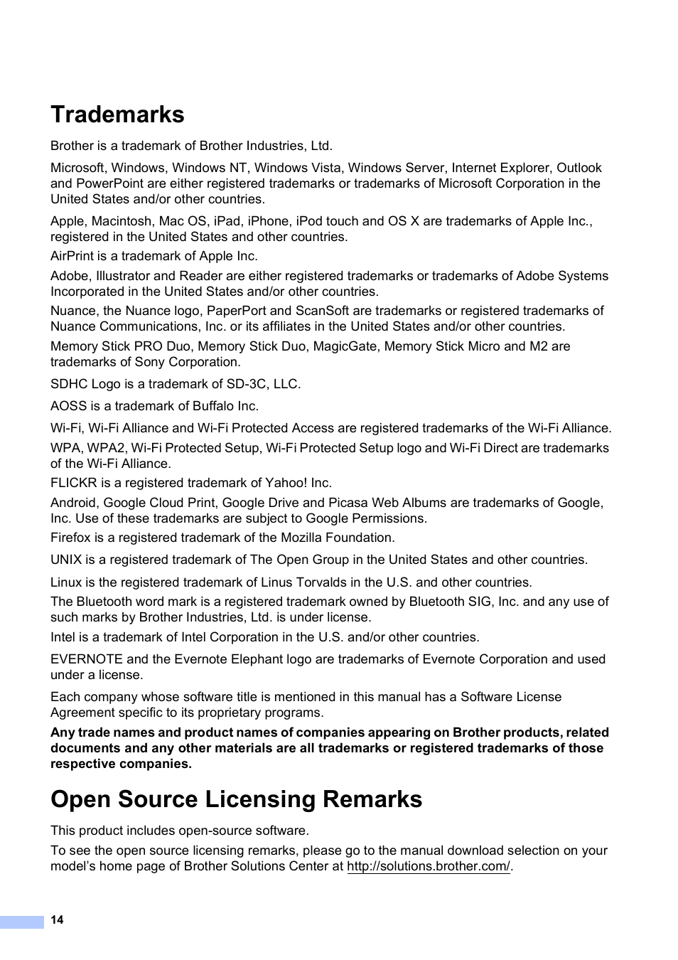 Trademarks, Open source licensing remarks | Brother DCP-J152W User Manual | Page 14 / 16