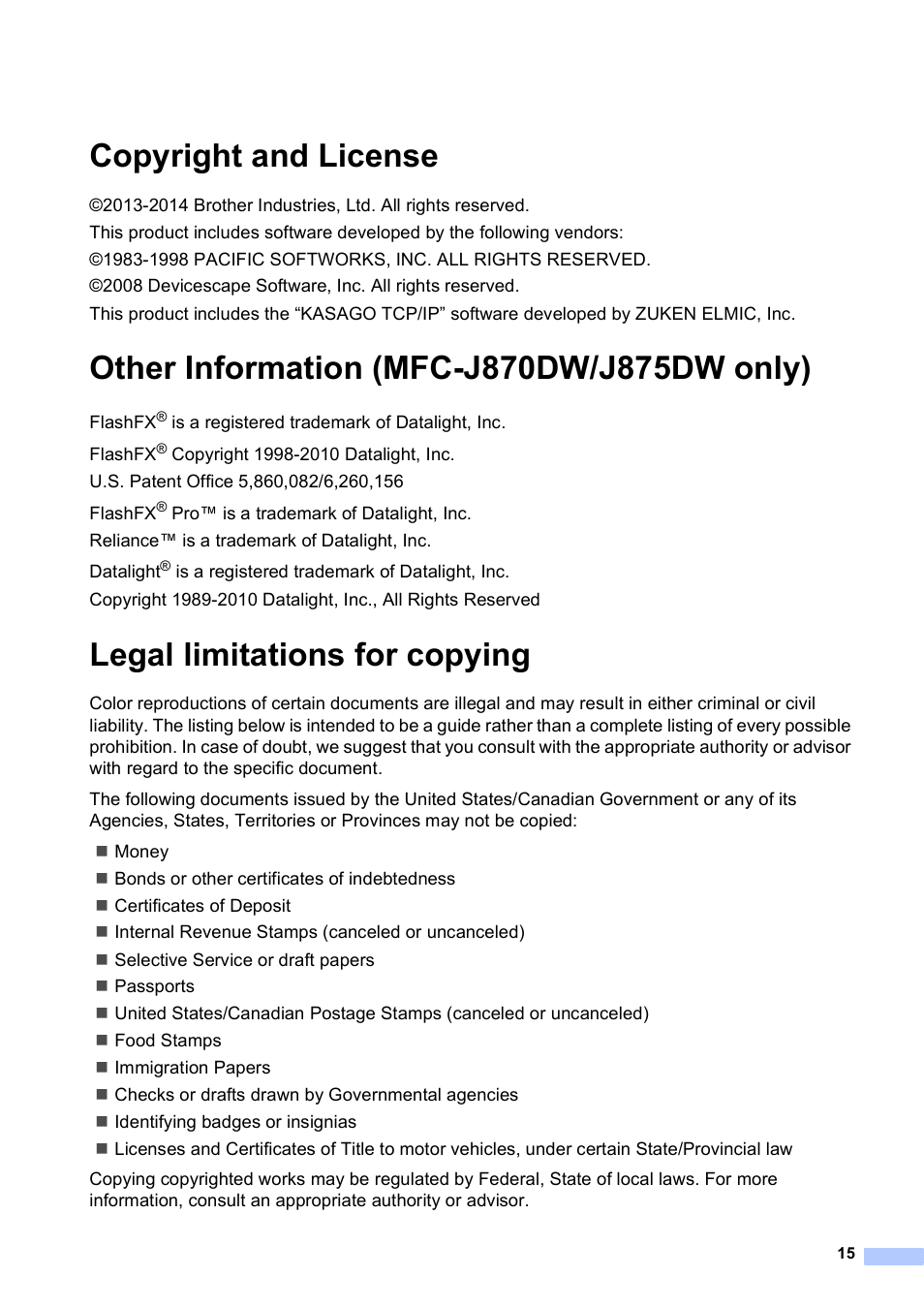 Copyright and license, Other information (mfc-j870dw/j875dw only), Legal limitations for copying | Brother DCP-J152W User Manual | Page 15 / 16