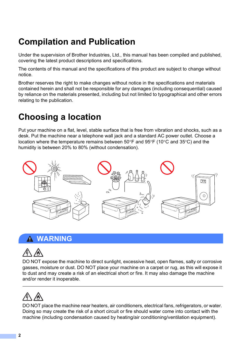 Compilation and publication, Choosing a location, Warning | Brother DCP-J152W User Manual | Page 2 / 16