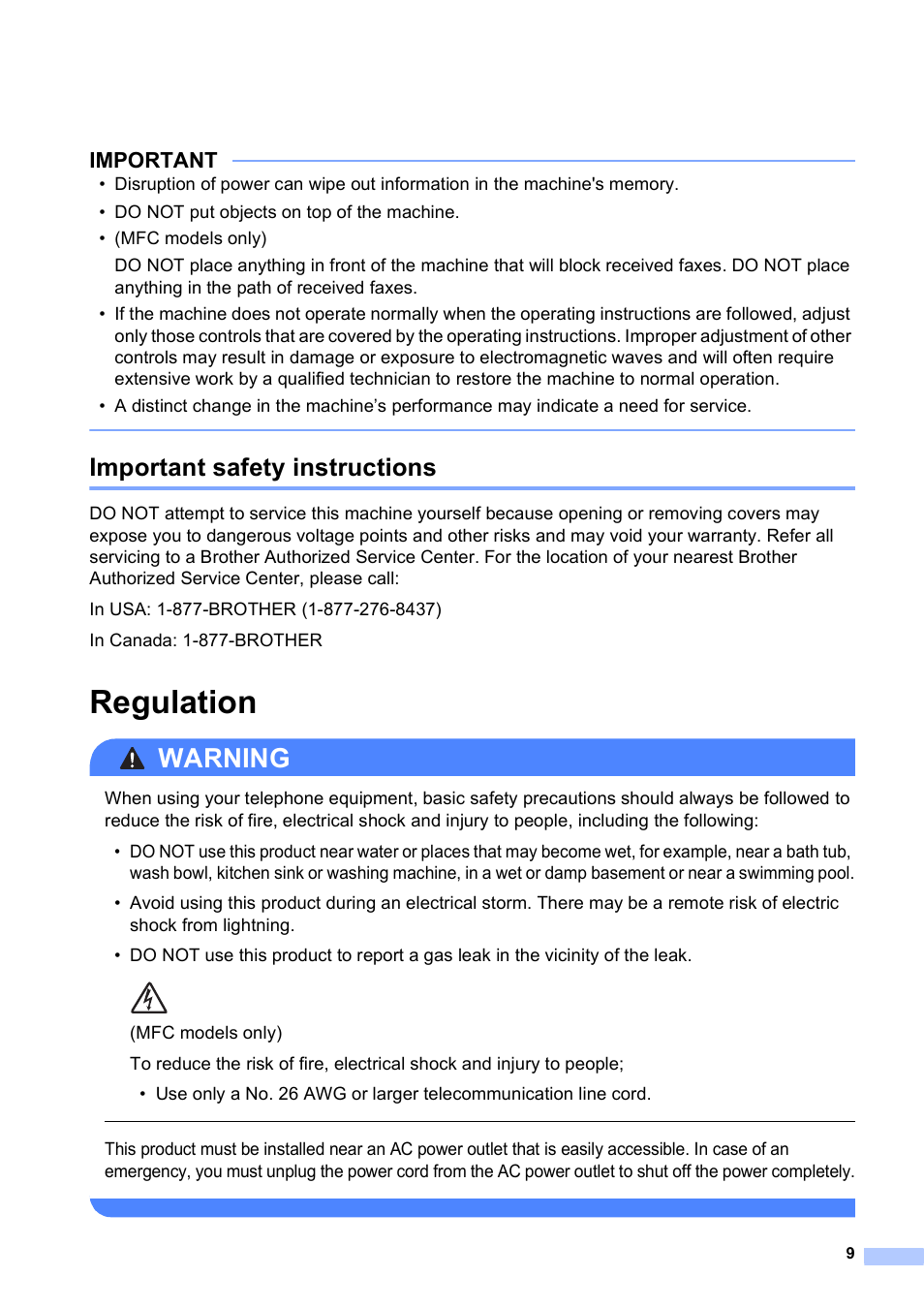 Important safety instructions, Regulation, Warning | Important | Brother DCP-J152W User Manual | Page 9 / 16