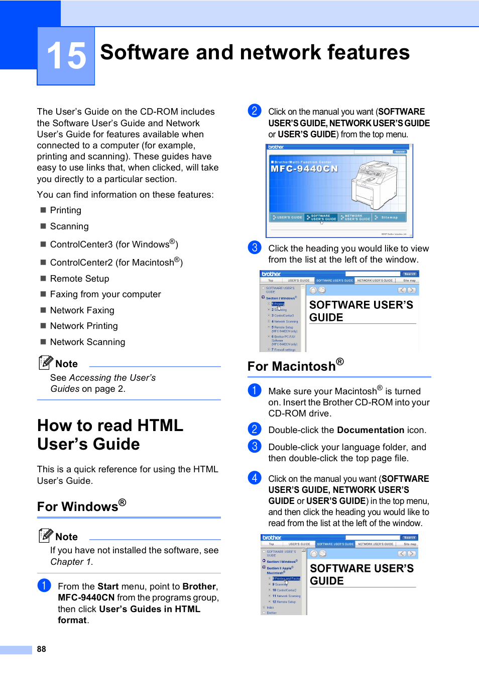 15 software and network features, How to read html user’s guide, For windows | For macintosh, Software and network features | Brother MFC-9440CN User Manual | Page 104 / 247