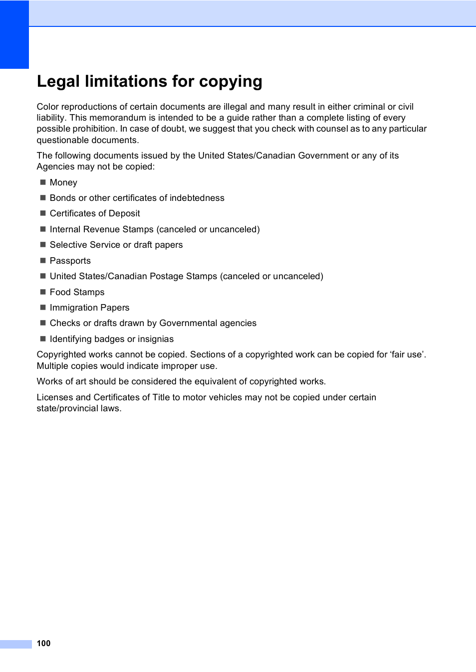 Legal limitations for copying | Brother MFC-9440CN User Manual | Page 116 / 247