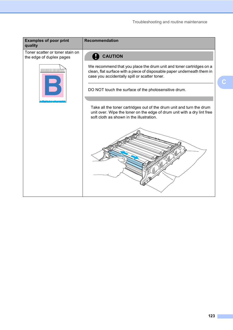 Caution, Troubleshooting and routine maintenance 123, Examples of poor print quality recommendation | Brother MFC-9440CN User Manual | Page 139 / 247