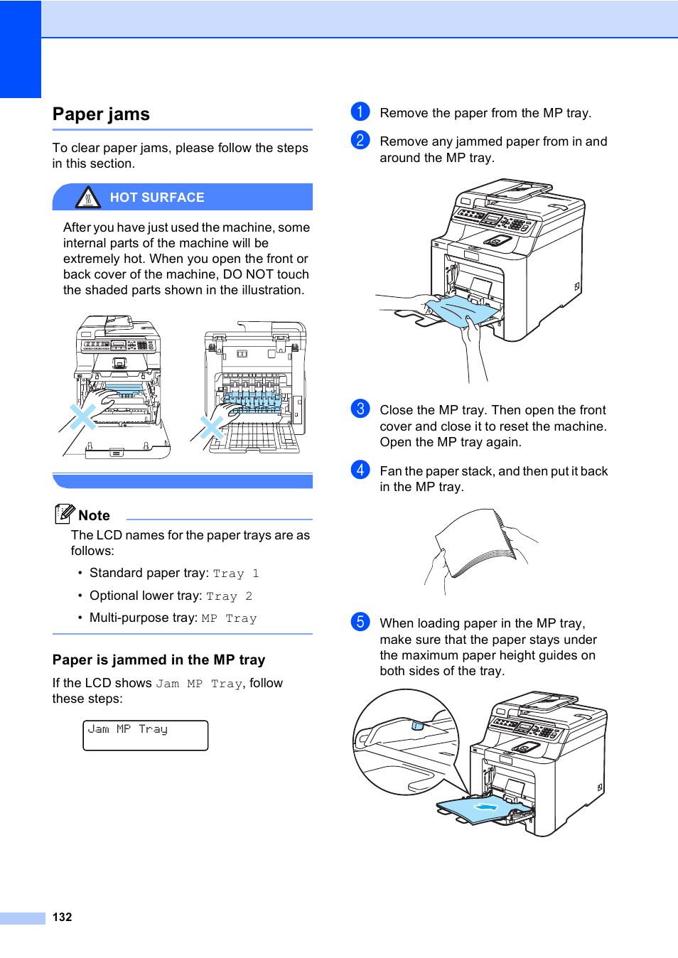 Paper jams, Paper is jammed in the mp tray | Brother MFC-9440CN User Manual | Page 148 / 247