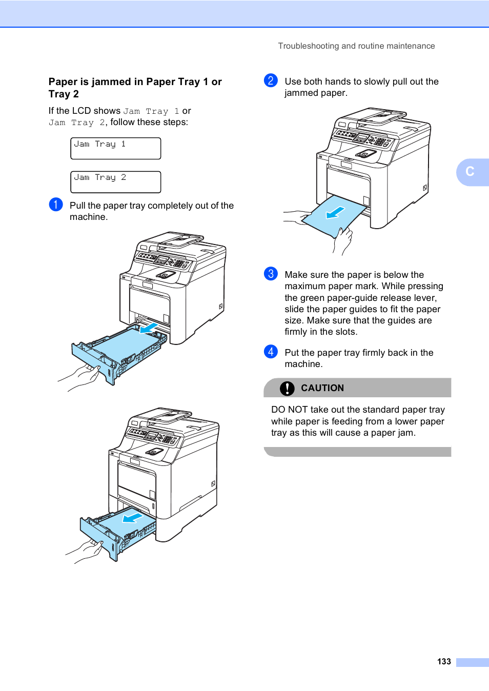 Paper is jammed in paper tray 1 or tray 2 | Brother MFC-9440CN User Manual | Page 149 / 247