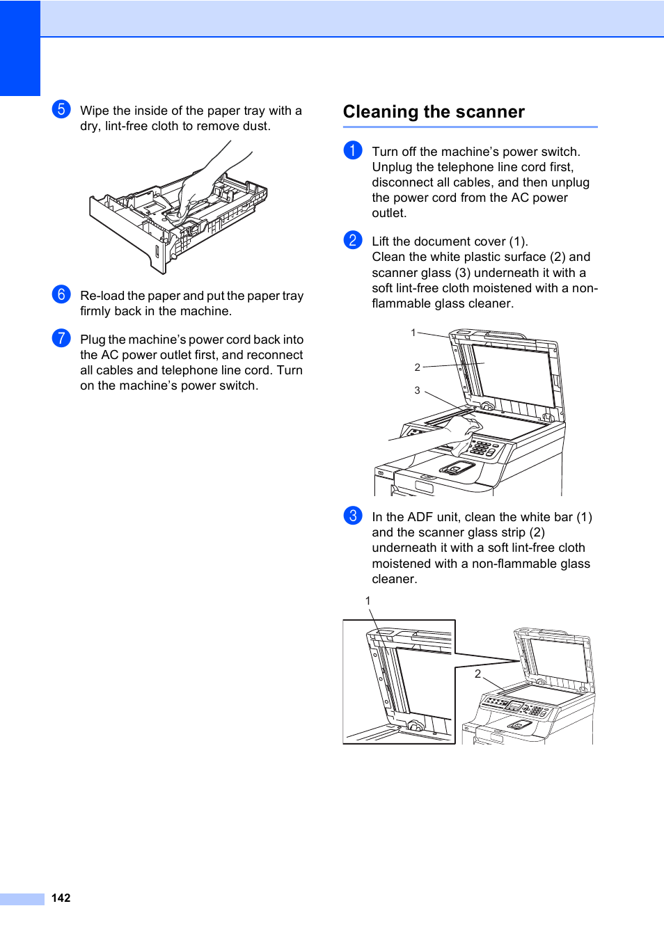 Cleaning the scanner | Brother MFC-9440CN User Manual | Page 158 / 247