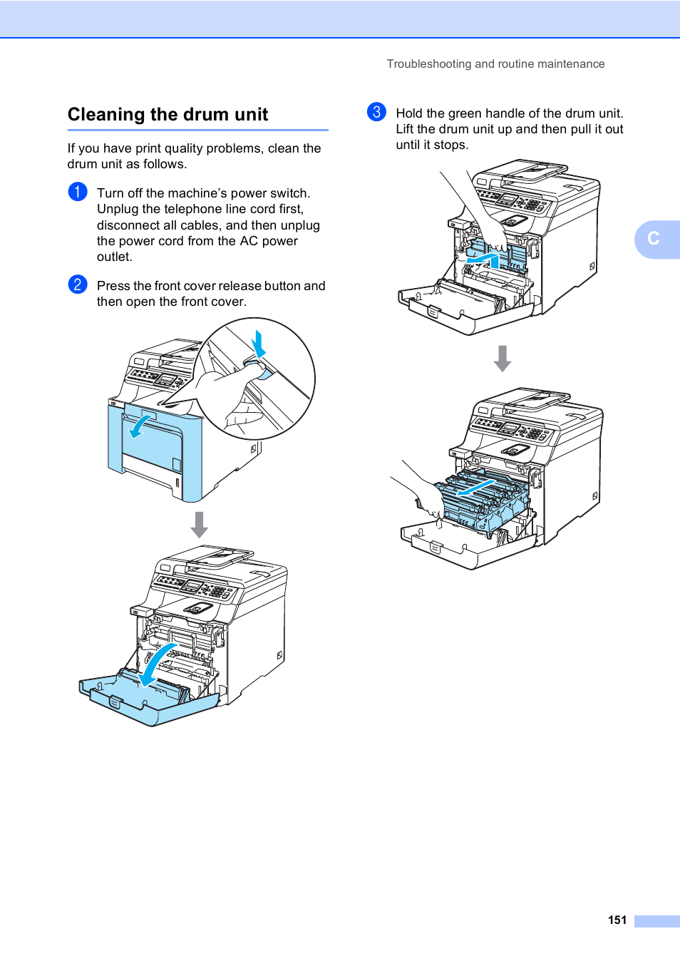 Cleaning the drum unit, Ccleaning the drum unit | Brother MFC-9440CN User Manual | Page 167 / 247
