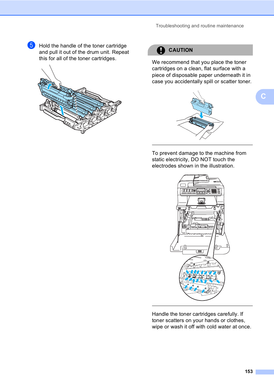 Caution, Troubleshooting and routine maintenance 153 | Brother MFC-9440CN User Manual | Page 169 / 247
