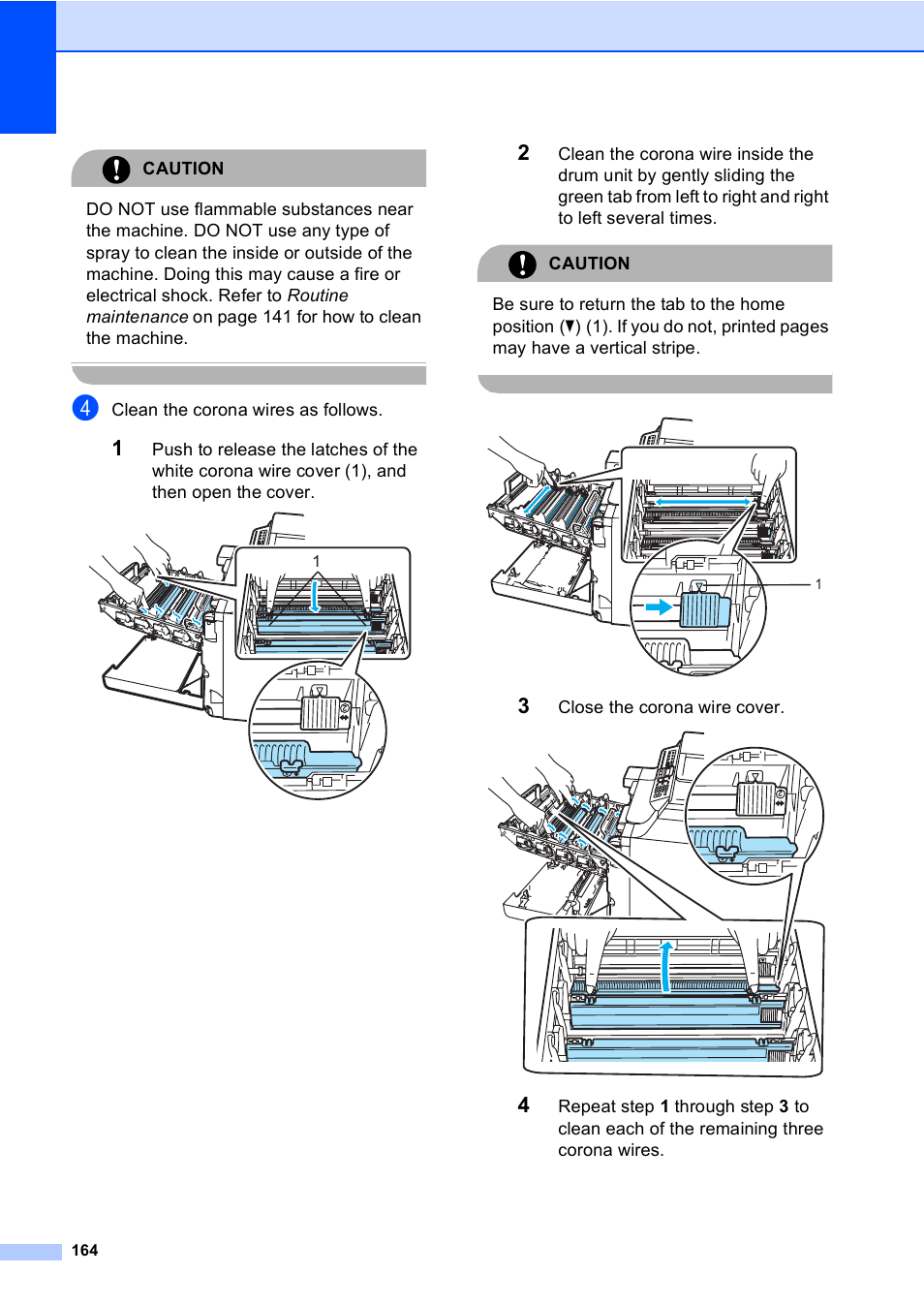Caution, Clean the corona wires as follows, Close the corona wire cover | Brother MFC-9440CN User Manual | Page 180 / 247