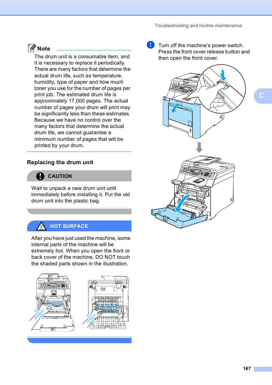 Replacing the drum unit, Caution, Hot surface | Brother MFC-9440CN User Manual | Page 183 / 247