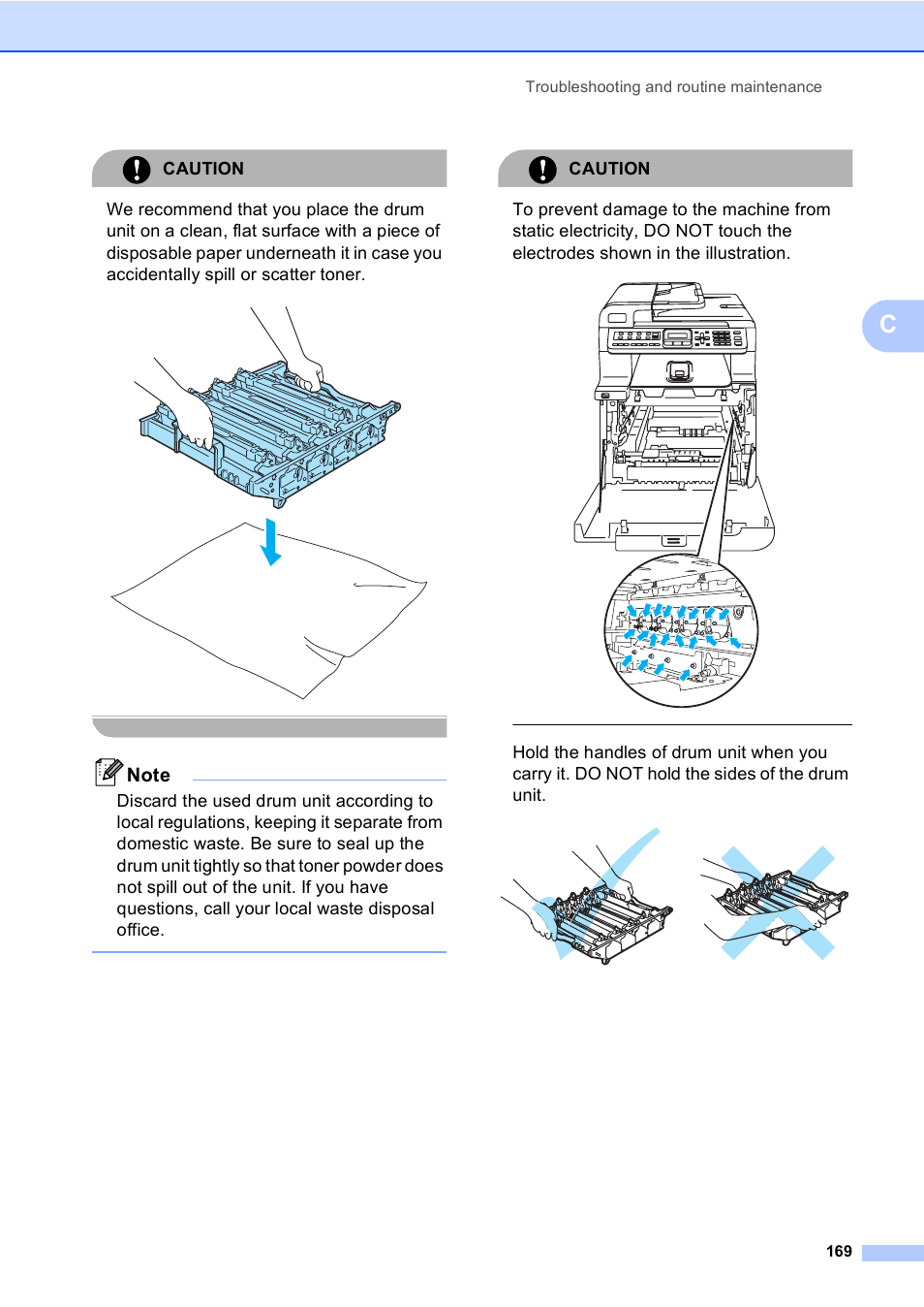Caution, Troubleshooting and routine maintenance 169 | Brother MFC-9440CN User Manual | Page 185 / 247