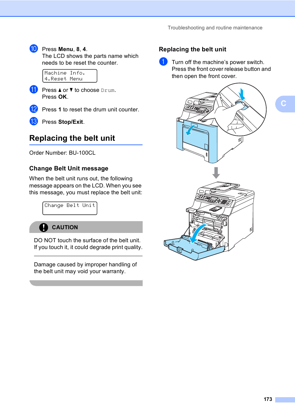 Replacing the belt unit, Change belt unit message | Brother MFC-9440CN User Manual | Page 189 / 247