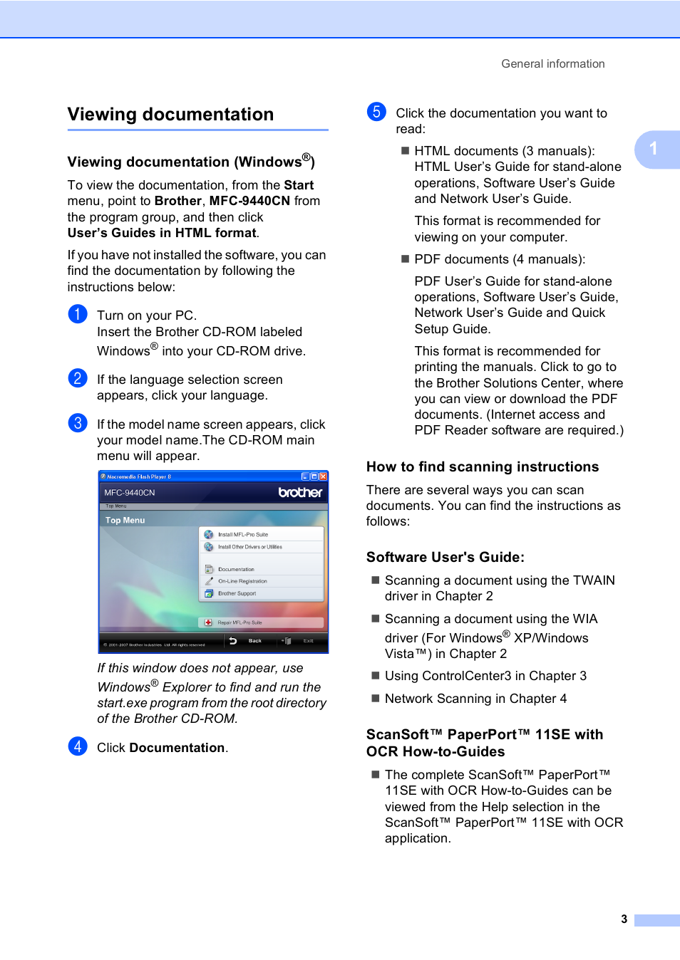 Viewing documentation, Viewing documentation (windows®), How to find scanning instructions | Software user's guide, Scansoft™ paperport™ 11se with ocr how-to-guides, 1viewing documentation | Brother MFC-9440CN User Manual | Page 19 / 247