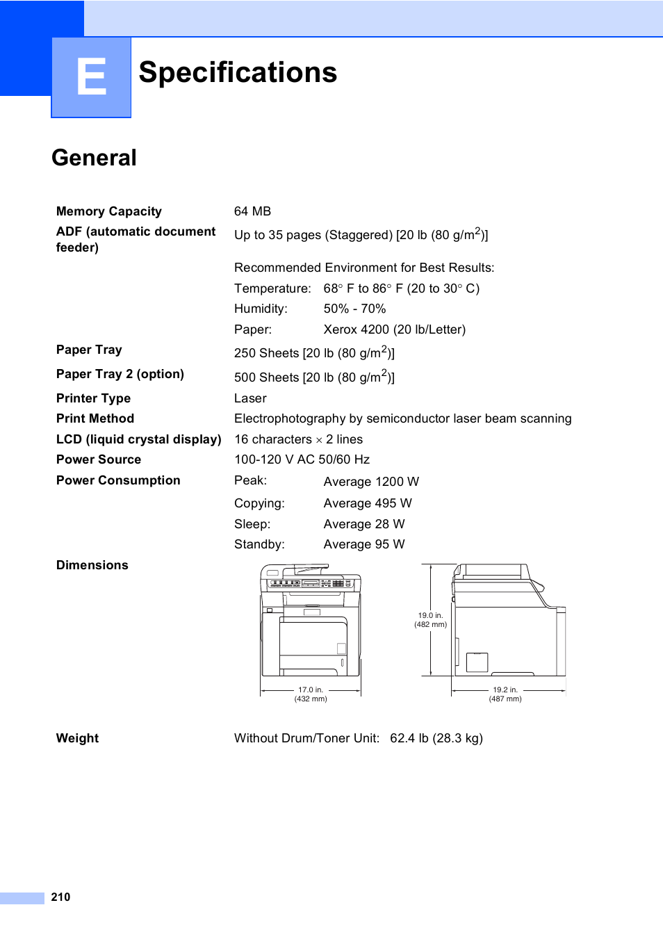 E specifications, General, Specifications | Brother MFC-9440CN User Manual | Page 226 / 247