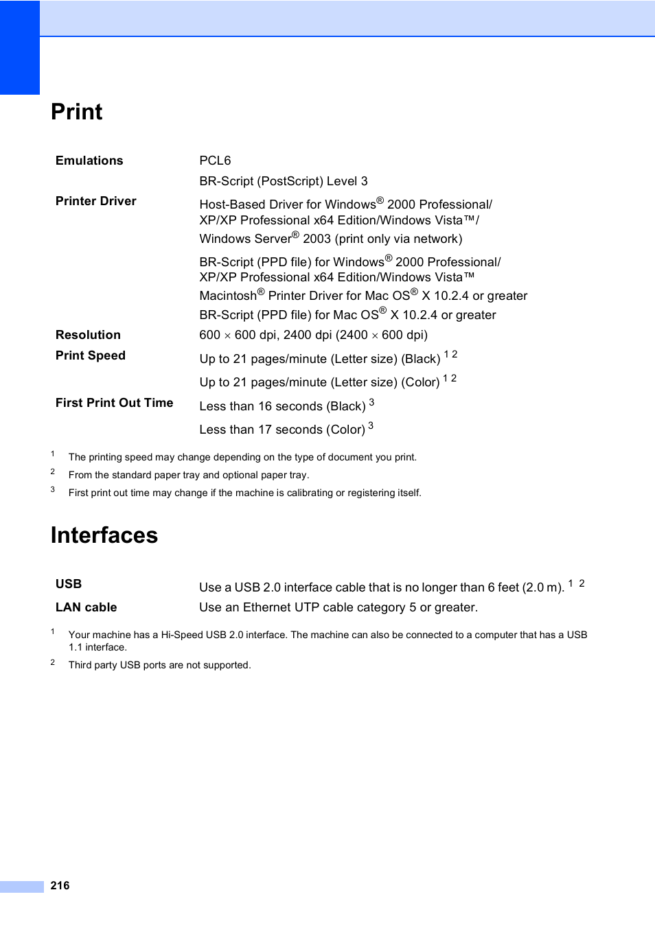 Print, Interfaces, Print interfaces | Brother MFC-9440CN User Manual | Page 232 / 247