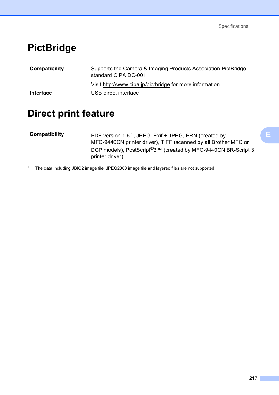 Pictbridge, Direct print feature, Pictbridge direct print feature | Brother MFC-9440CN User Manual | Page 233 / 247
