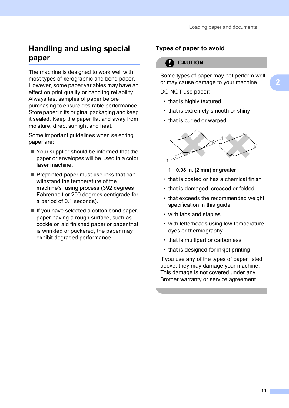 Handling and using special paper, Types of paper to avoid, 2handling and using special paper | Brother MFC-9440CN User Manual | Page 27 / 247