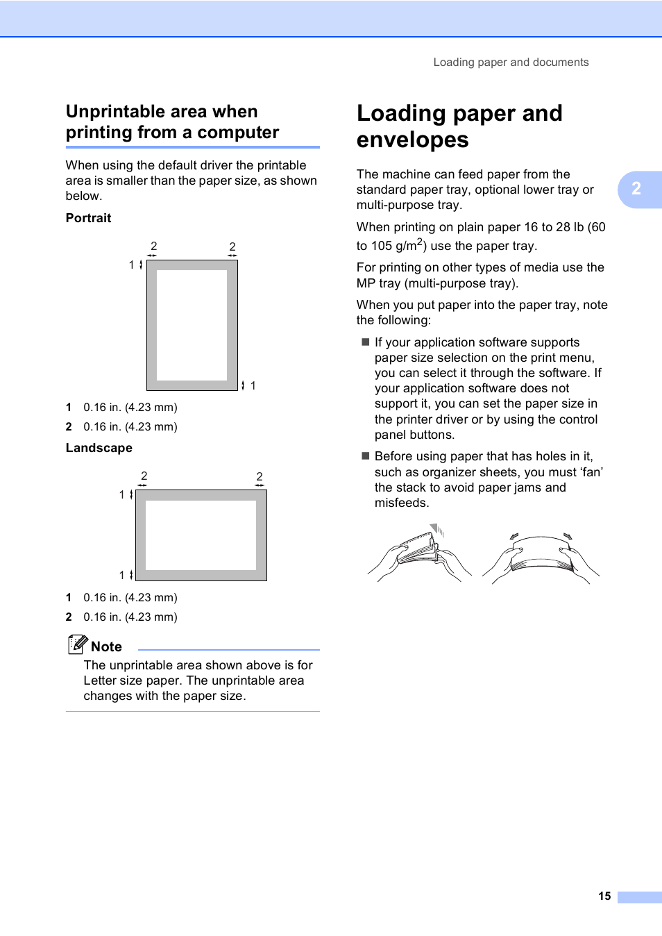 Unprintable area when printing from a computer, Loading paper and envelopes, 2unprintable area when printing from a computer | Brother MFC-9440CN User Manual | Page 31 / 247