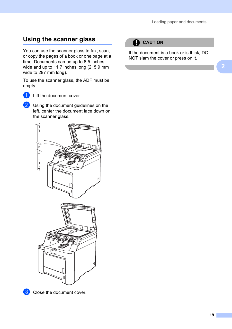 Using the scanner glass, 2using the scanner glass | Brother MFC-9440CN User Manual | Page 35 / 247