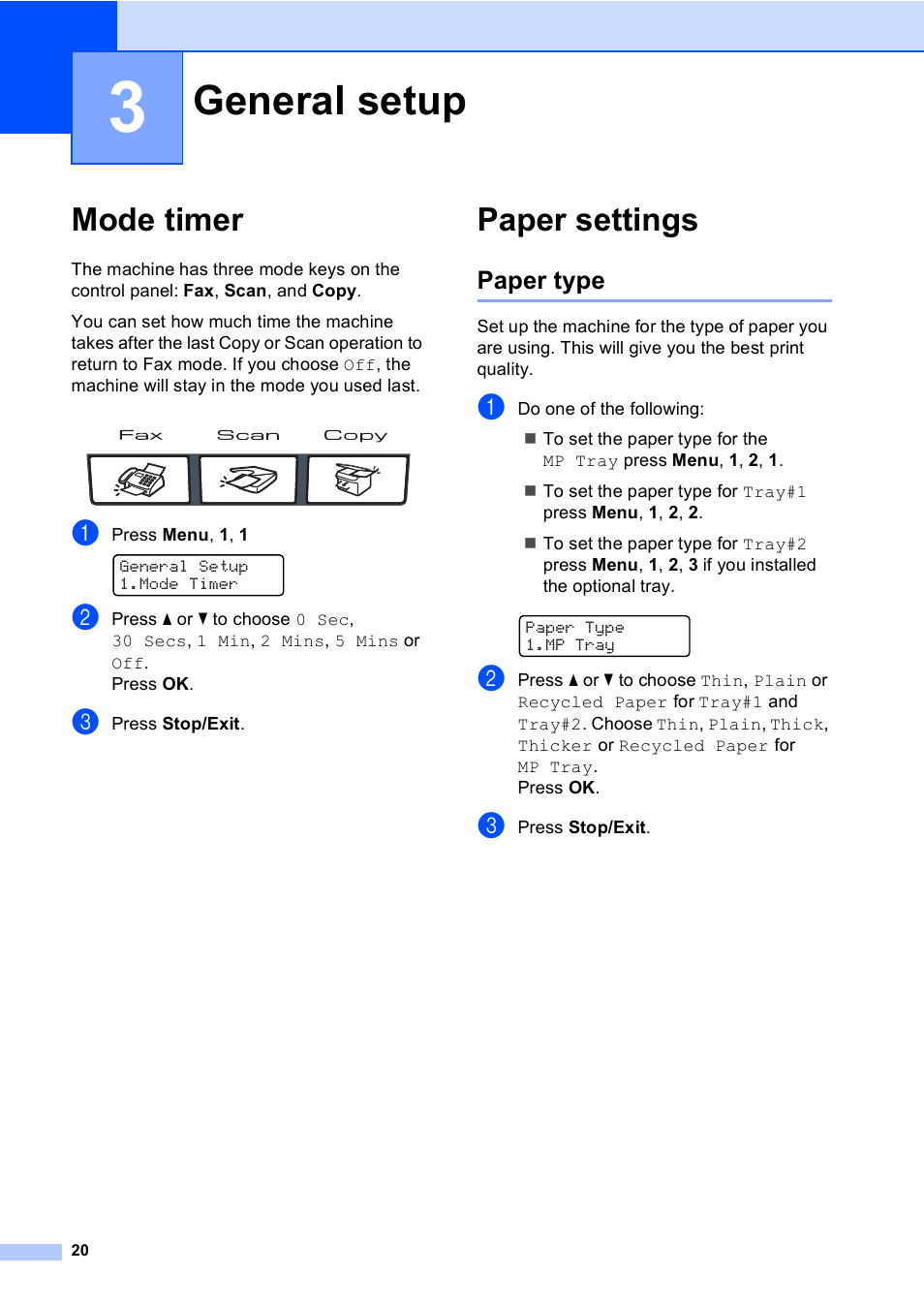 3 general setup, Mode timer, Paper settings | Paper type, General setup, Mode timer paper settings | Brother MFC-9440CN User Manual | Page 36 / 247