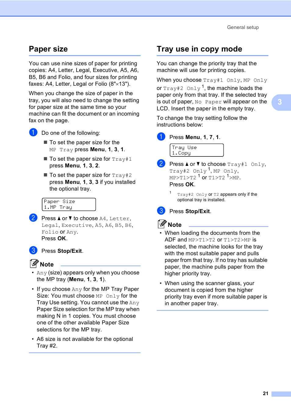 Paper size, Tray use in copy mode, Paper size tray use in copy mode | 3paper size | Brother MFC-9440CN User Manual | Page 37 / 247