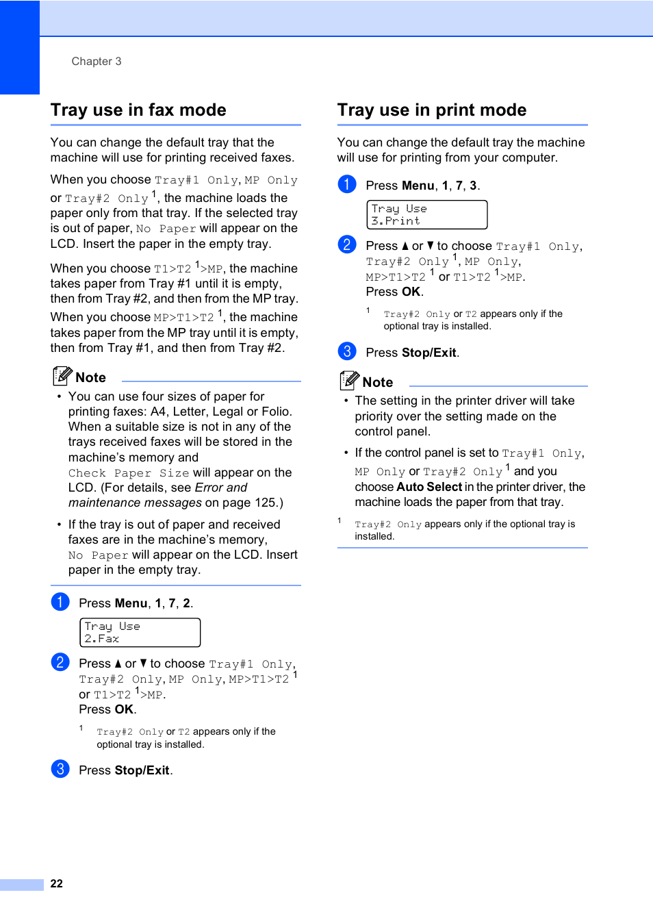 Tray use in fax mode, Tray use in print mode, Tray use in fax mode tray use in print mode | Brother MFC-9440CN User Manual | Page 38 / 247