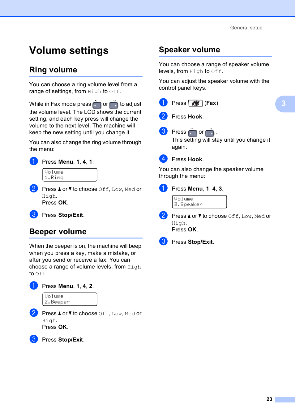 Volume settings, Ring volume, Beeper volume | Speaker volume, Ring volume beeper volume speaker volume | Brother MFC-9440CN User Manual | Page 39 / 247