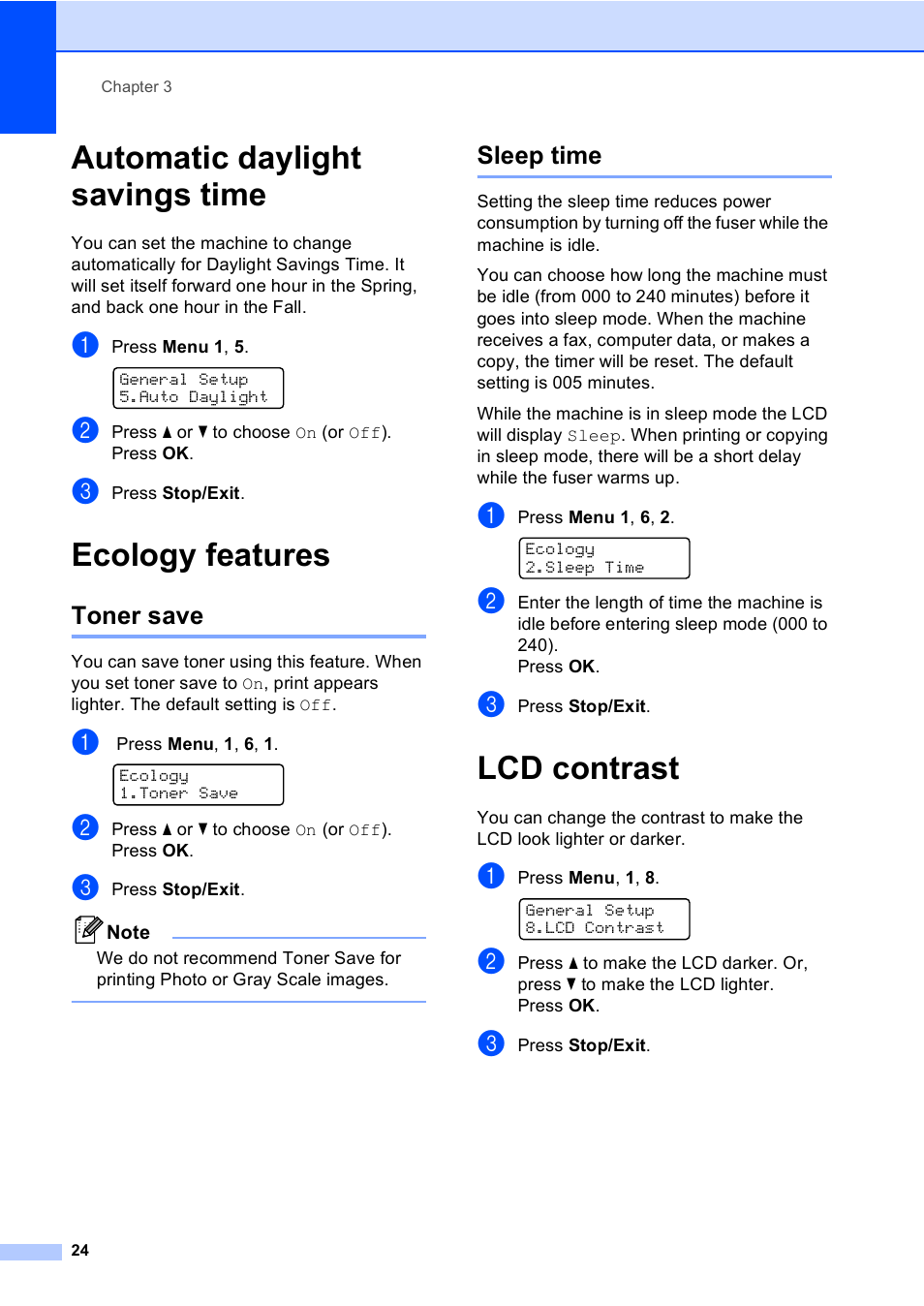 Automatic daylight savings time, Ecology features, Toner save | Sleep time, Lcd contrast, Automatic daylight savings time ecology features, Toner save sleep time | Brother MFC-9440CN User Manual | Page 40 / 247