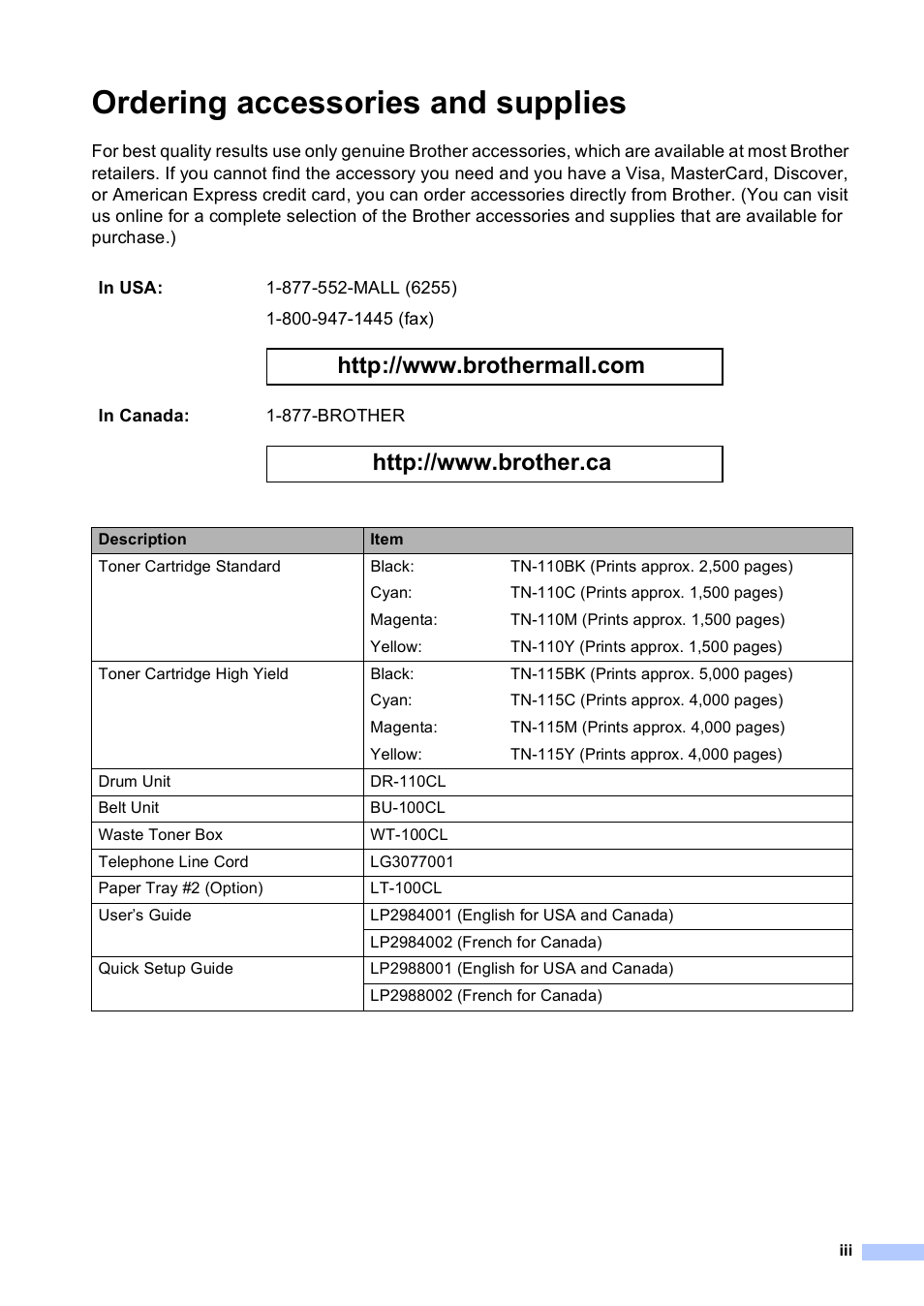Ordering accessories and supplies | Brother MFC-9440CN User Manual | Page 5 / 247