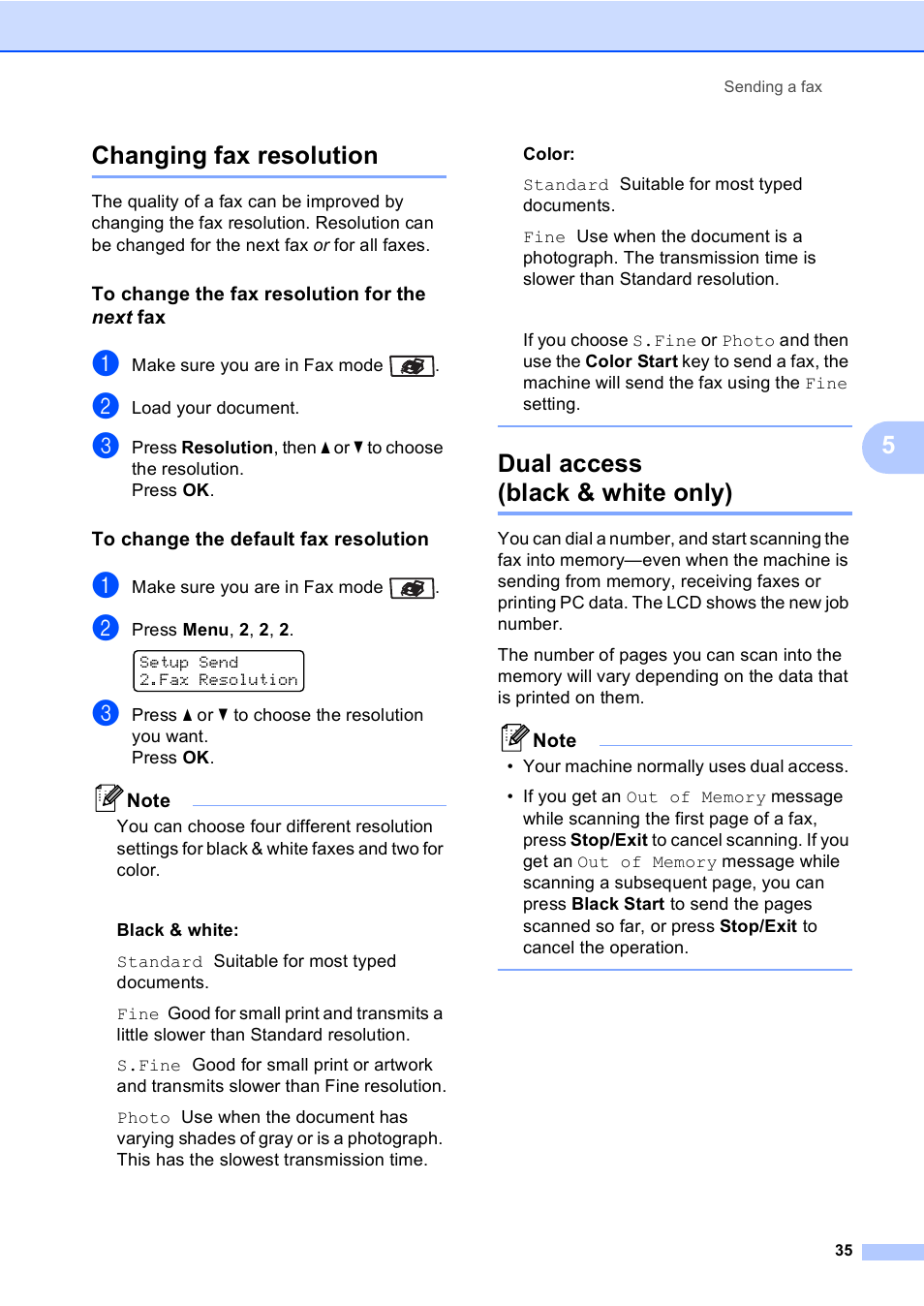 Changing fax resolution, To change the fax resolution for the next fax, To change the default fax resolution | Dual access (black & white only), 5changing fax resolution | Brother MFC-9440CN User Manual | Page 51 / 247