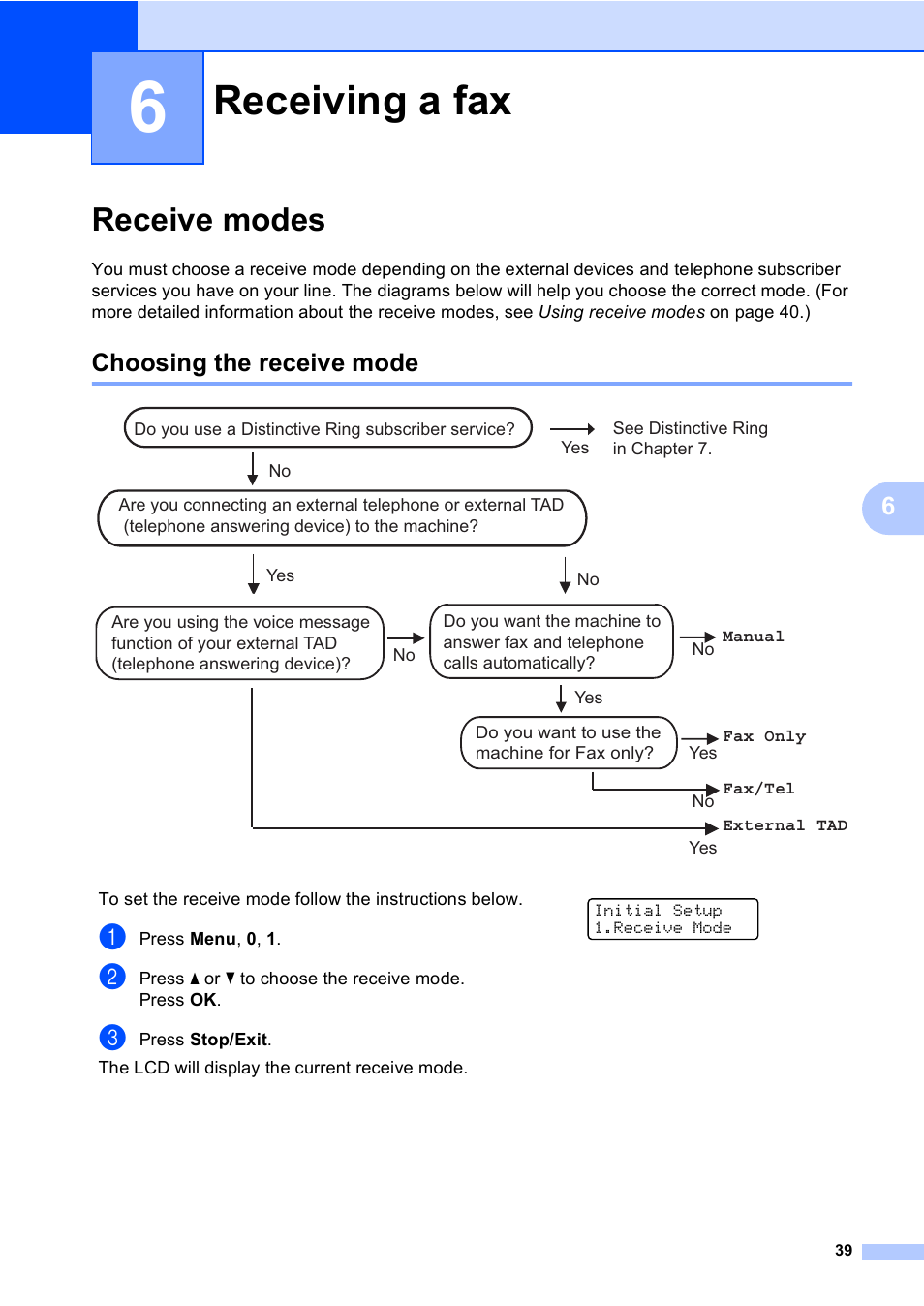 6 receiving a fax, Receive modes, Choosing the receive mode | Receiving a fax | Brother MFC-9440CN User Manual | Page 55 / 247