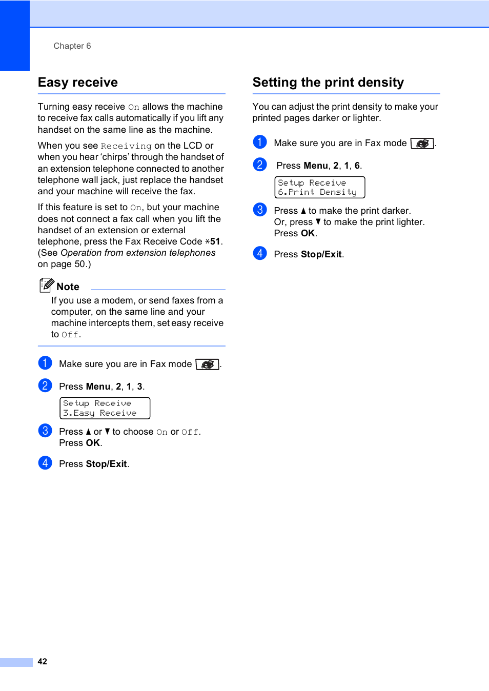 Easy receive, Setting the print density, Easy receive setting the print density | Brother MFC-9440CN User Manual | Page 58 / 247