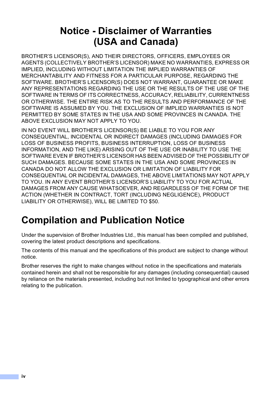 Notice - disclaimer of warranties (usa and canada), Compilation and publication notice | Brother MFC-9440CN User Manual | Page 6 / 247