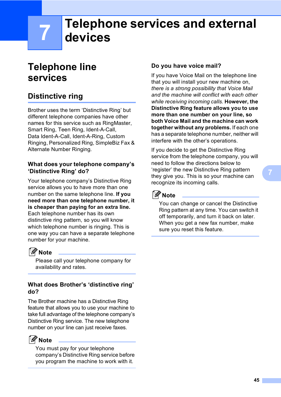 7 telephone services and external devices, Telephone line services, Distinctive ring | What does brother’s ‘distinctive ring’ do, Do you have voice mail, Telephone services and external devices | Brother MFC-9440CN User Manual | Page 61 / 247
