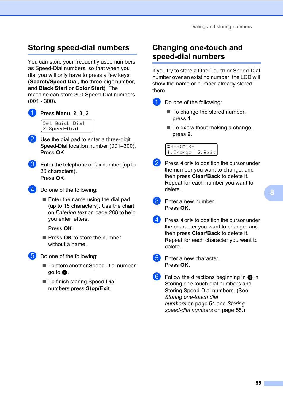 Storing speed-dial numbers, Changing one-touch and speed-dial numbers, 8storing speed-dial numbers | Brother MFC-9440CN User Manual | Page 71 / 247