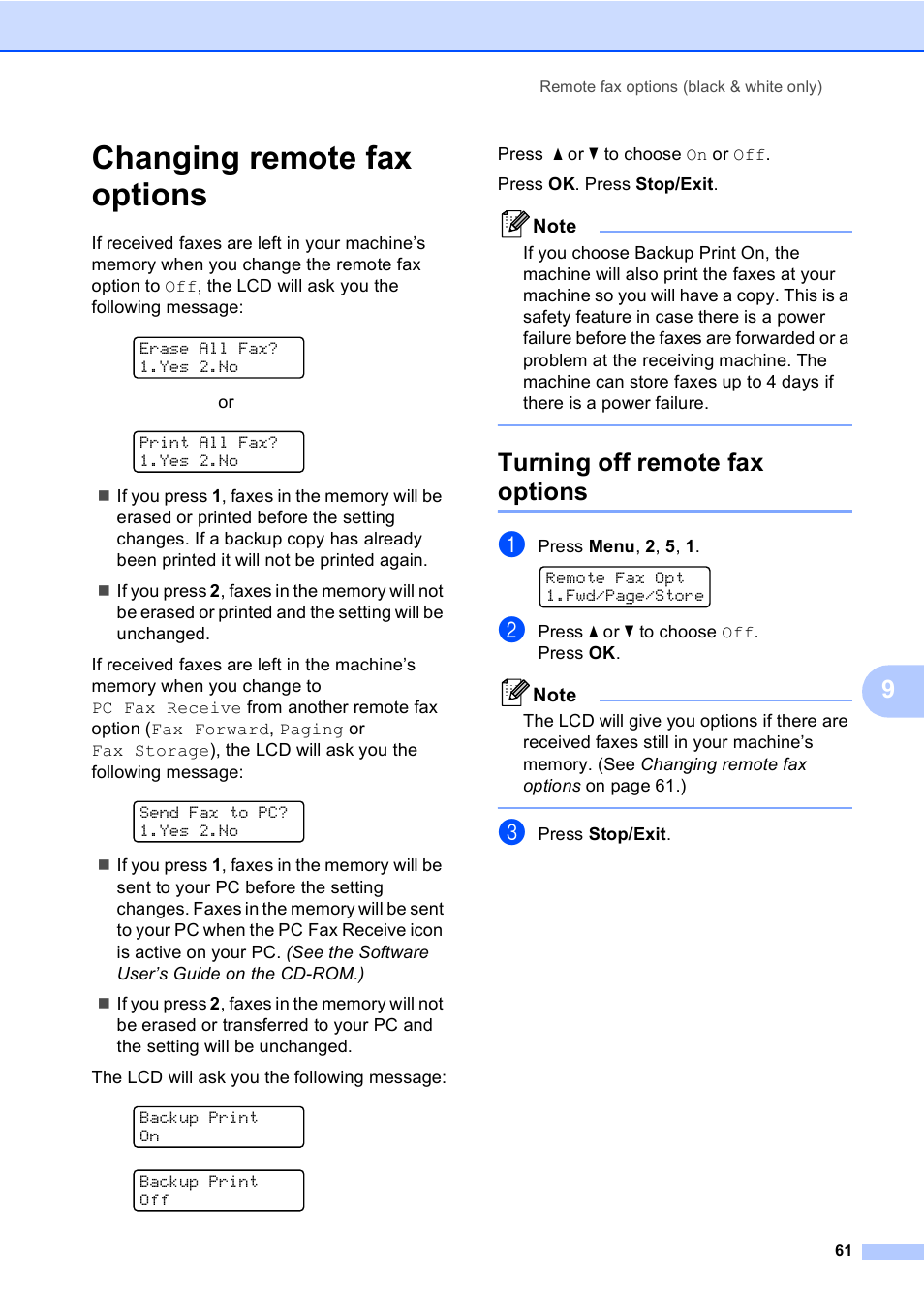 Changing remote fax options, Turning off remote fax options | Brother MFC-9440CN User Manual | Page 77 / 247