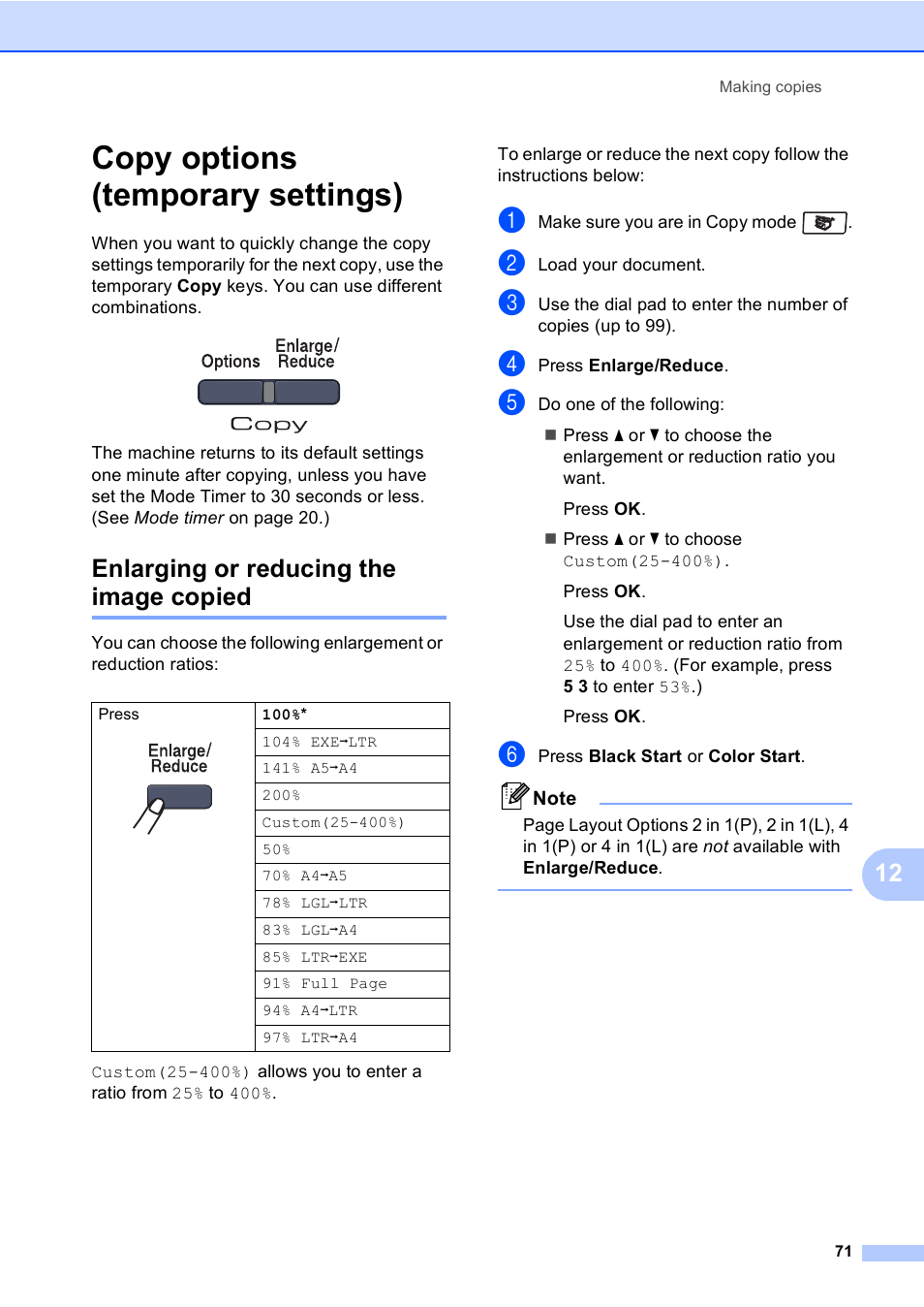 Copy options (temporary settings), Enlarging or reducing the image copied | Brother MFC-9440CN User Manual | Page 87 / 247