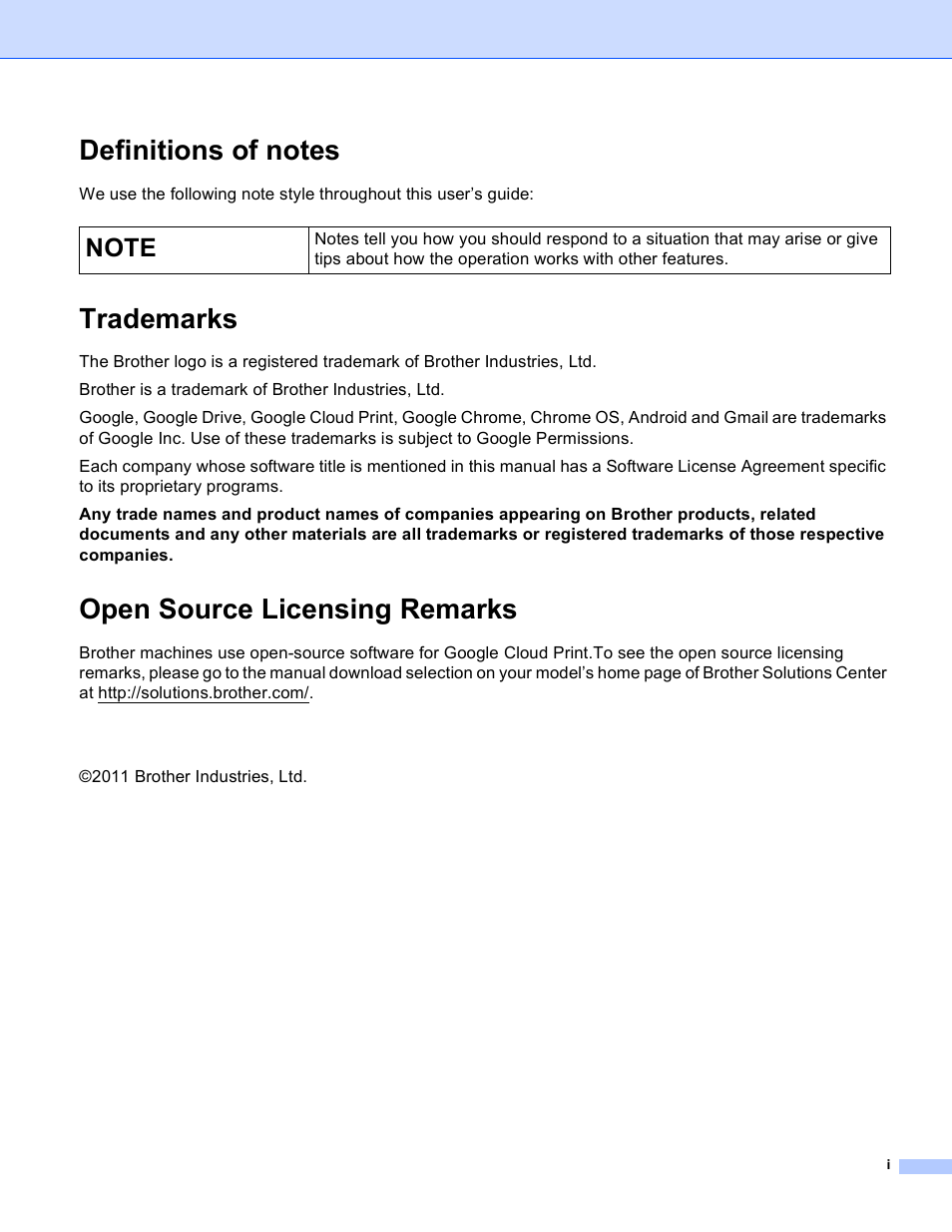 Definitions of notes, Trademarks, Open source licensing remarks | Brother HL-6180DWT User Manual | Page 2 / 13