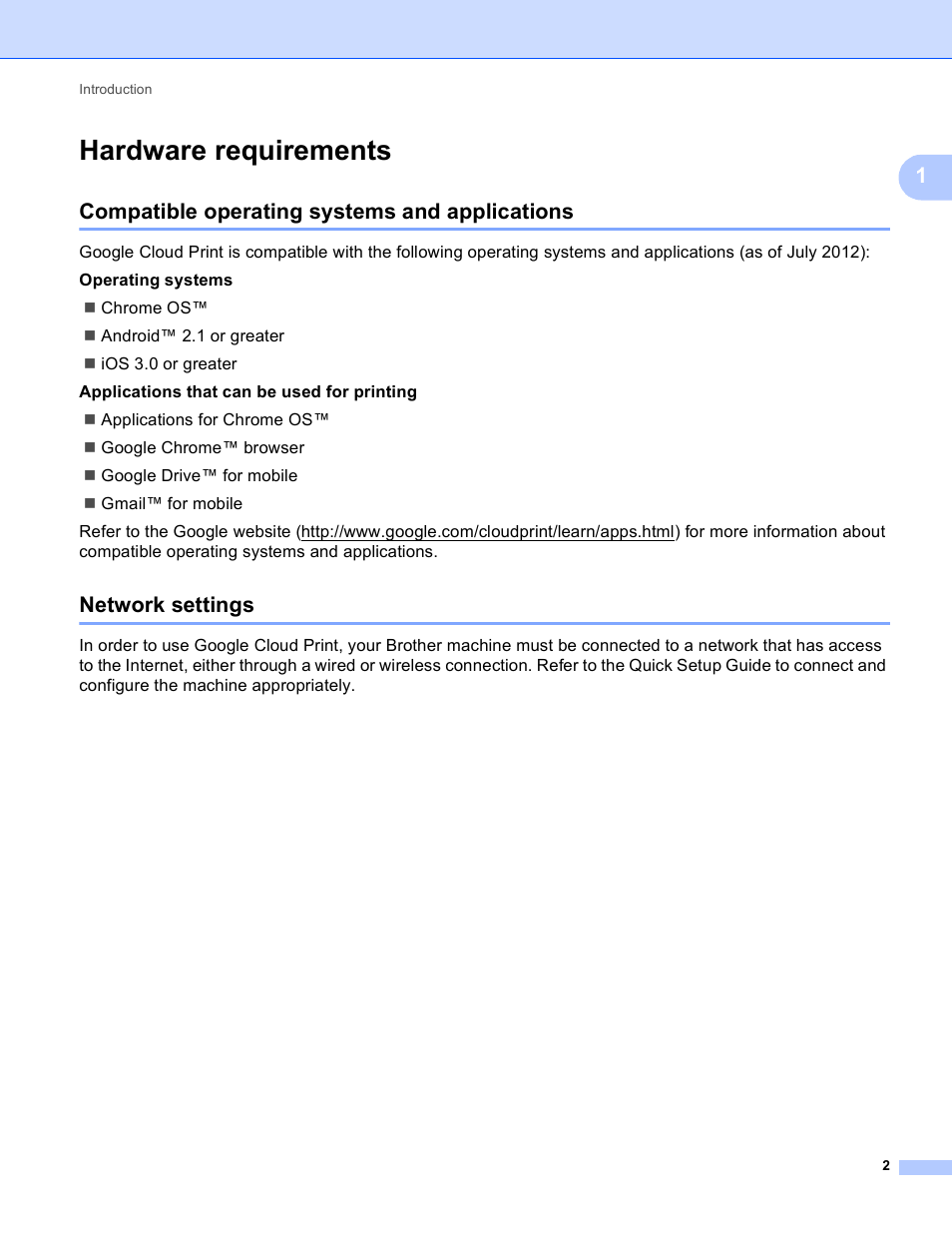 Hardware requirements, Compatible operating systems and applications, Network settings | Brother HL-6180DWT User Manual | Page 5 / 13