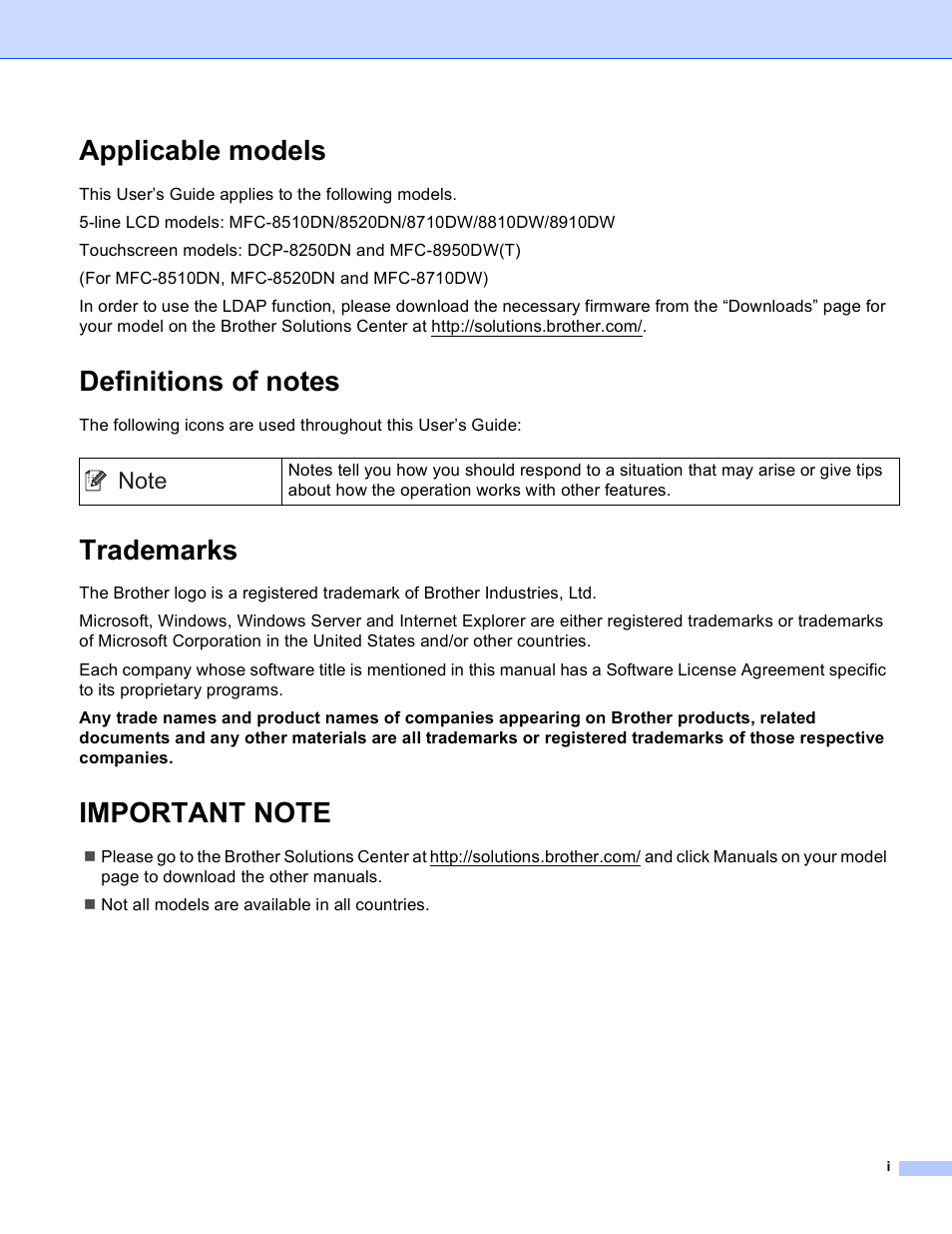 Applicable models, Definitions of notes, Trademarks | Important note | Brother MFC-8950DWT User Manual | Page 2 / 31