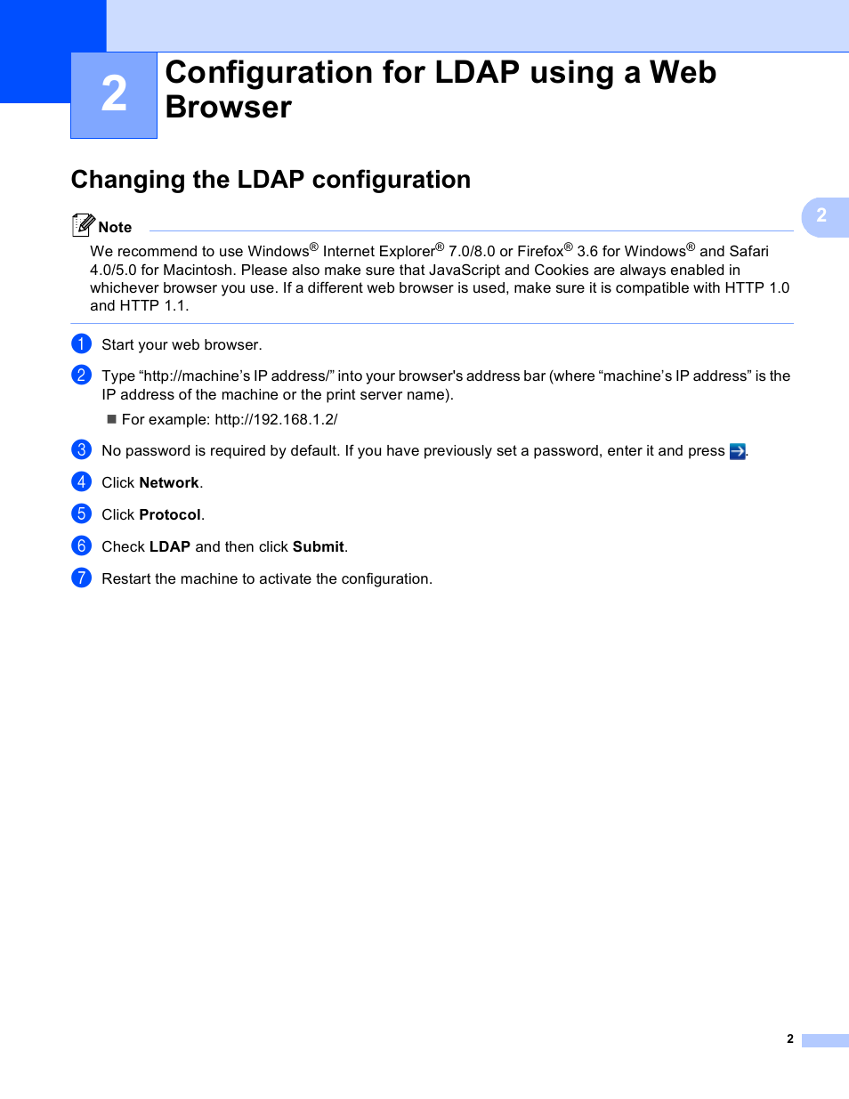 2 configuration for ldap using a web browser, Changing the ldap configuration, Configuration for ldap using a web browser | Brother MFC-8950DWT User Manual | Page 5 / 31