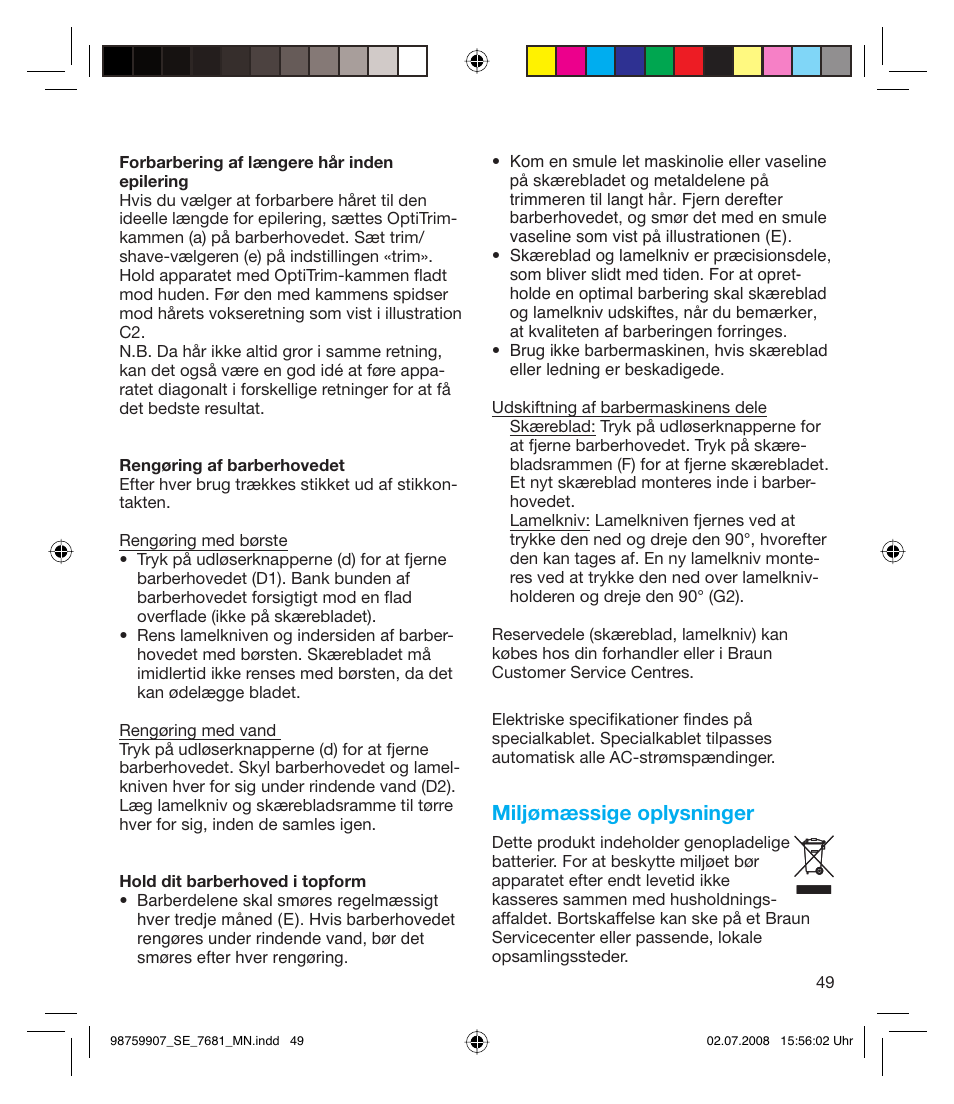 Miljømæssige oplysninger | Braun 7681-5375 Silk-épil Xpressive User Manual | Page 49 / 106