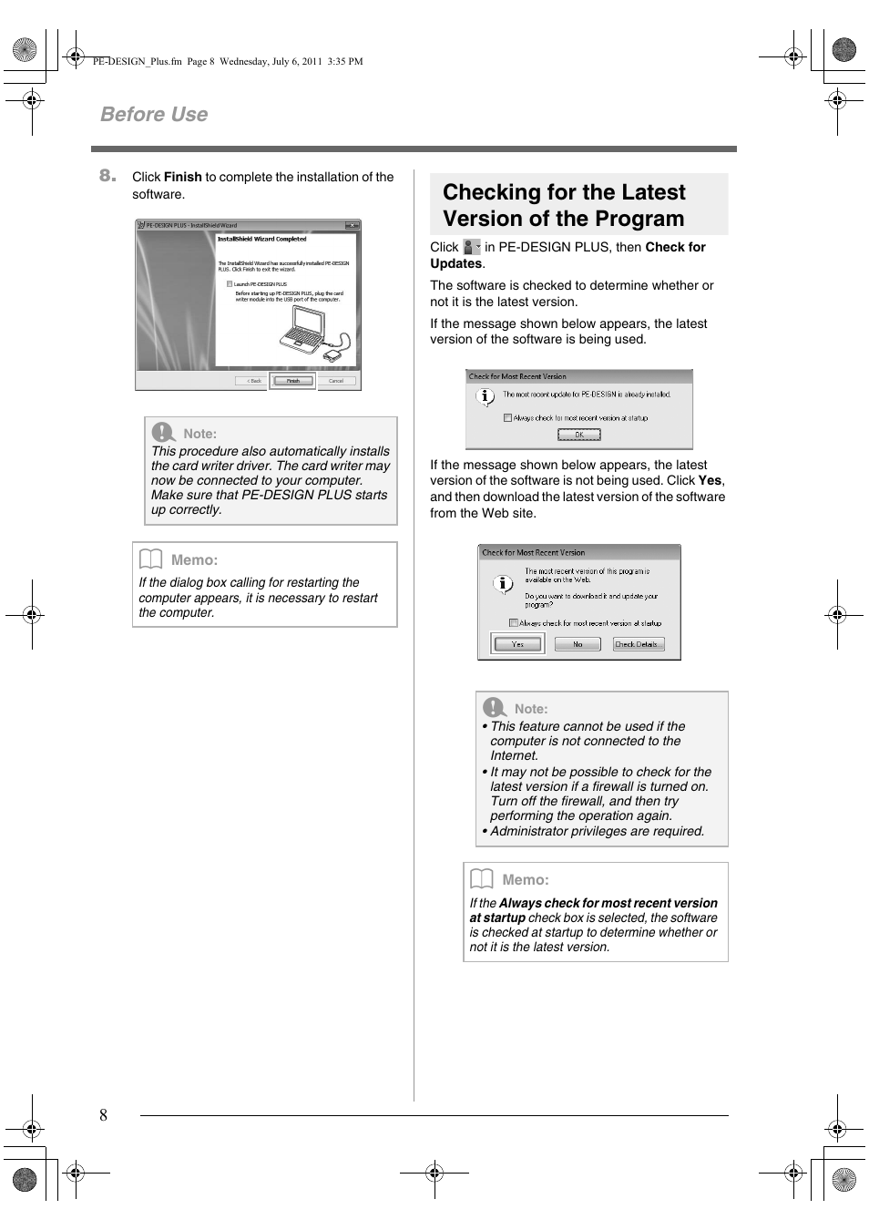 Checking for the latest version of the program, Before use | Brother PE-DESIGN PLUS User Manual | Page 10 / 80
