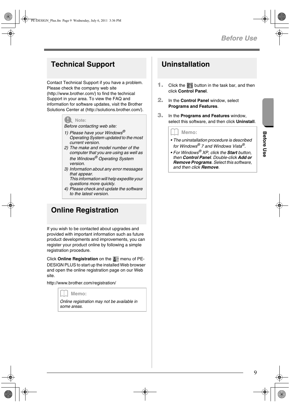 Technical support, Online registration, Uninstallation | Before use | Brother PE-DESIGN PLUS User Manual | Page 11 / 80