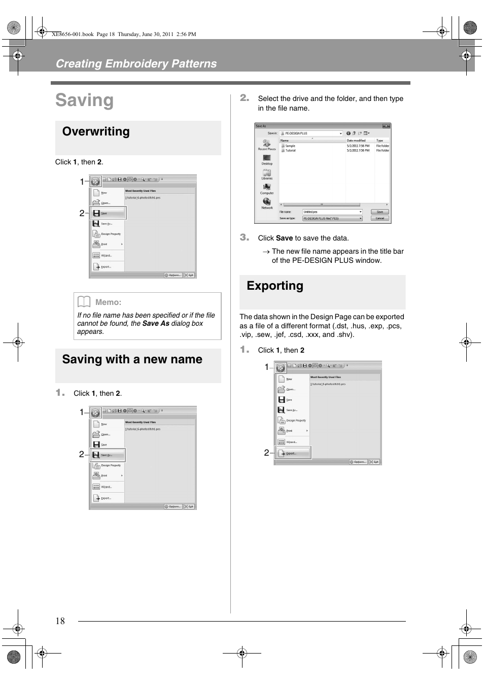 Saving, Overwriting, Saving with a new name | Exporting, Creating embroidery patterns | Brother PE-DESIGN PLUS User Manual | Page 20 / 80