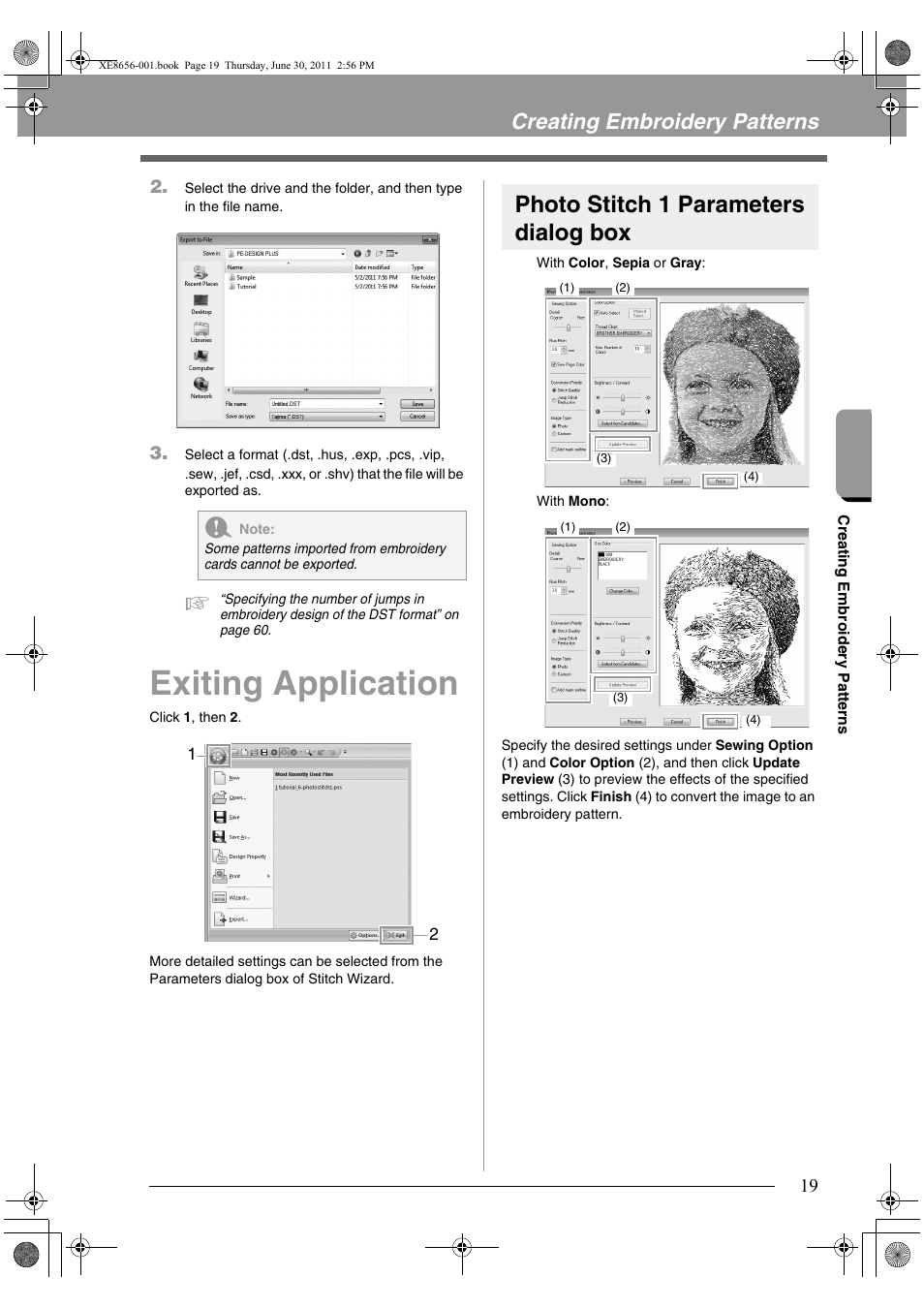 Exiting application, Photo stitch 1 parameters dialog box, Creating embroidery patterns | Brother PE-DESIGN PLUS User Manual | Page 21 / 80