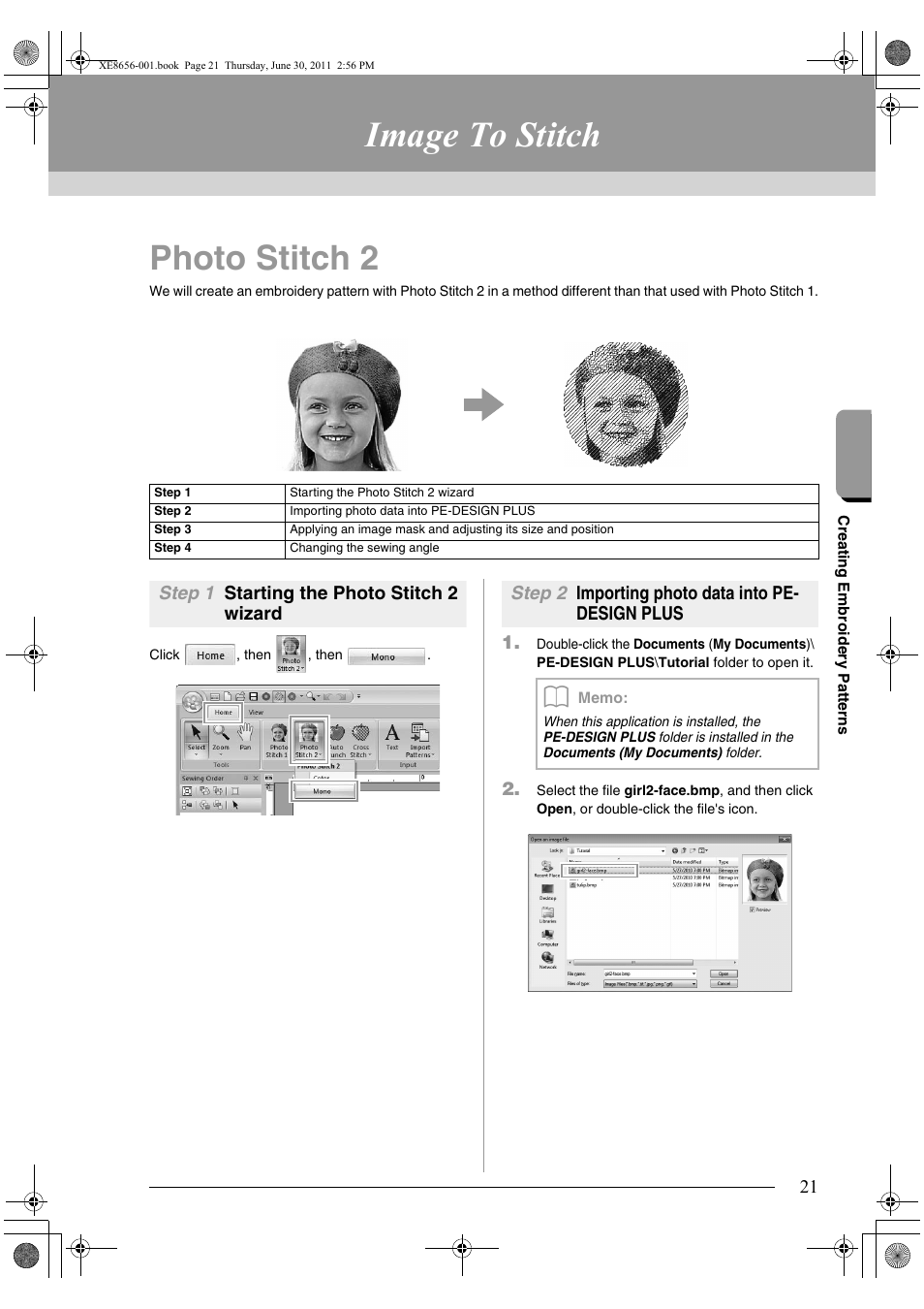 Image to stitch, Photo stitch 2 | Brother PE-DESIGN PLUS User Manual | Page 23 / 80