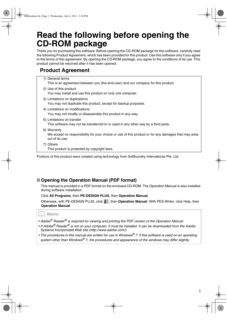 Product agreement, Opening the operation manual (pdf format) | Brother PE-DESIGN PLUS User Manual | Page 3 / 80