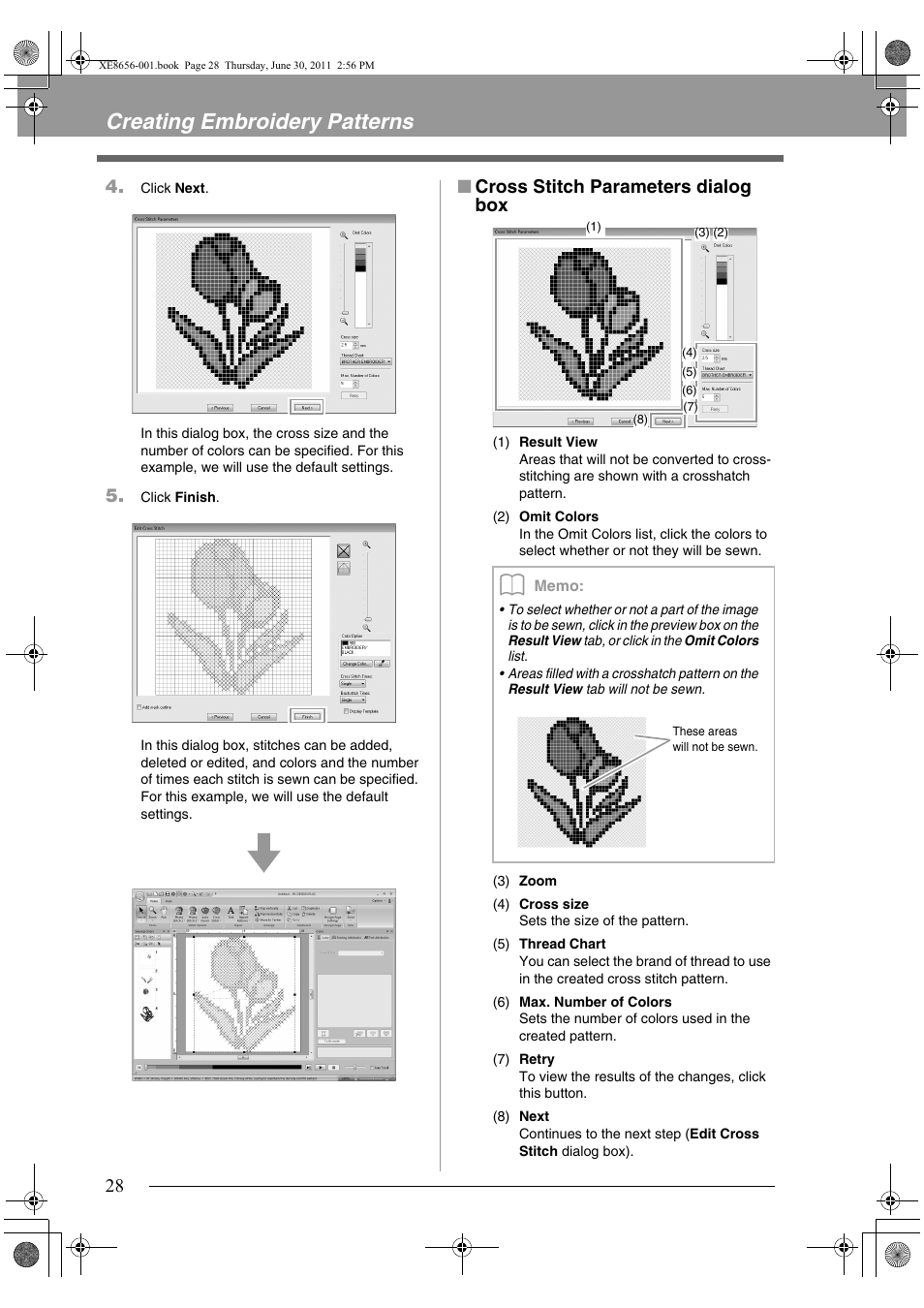 Creating embroidery patterns, Cross stitch parameters dialog box | Brother PE-DESIGN PLUS User Manual | Page 30 / 80