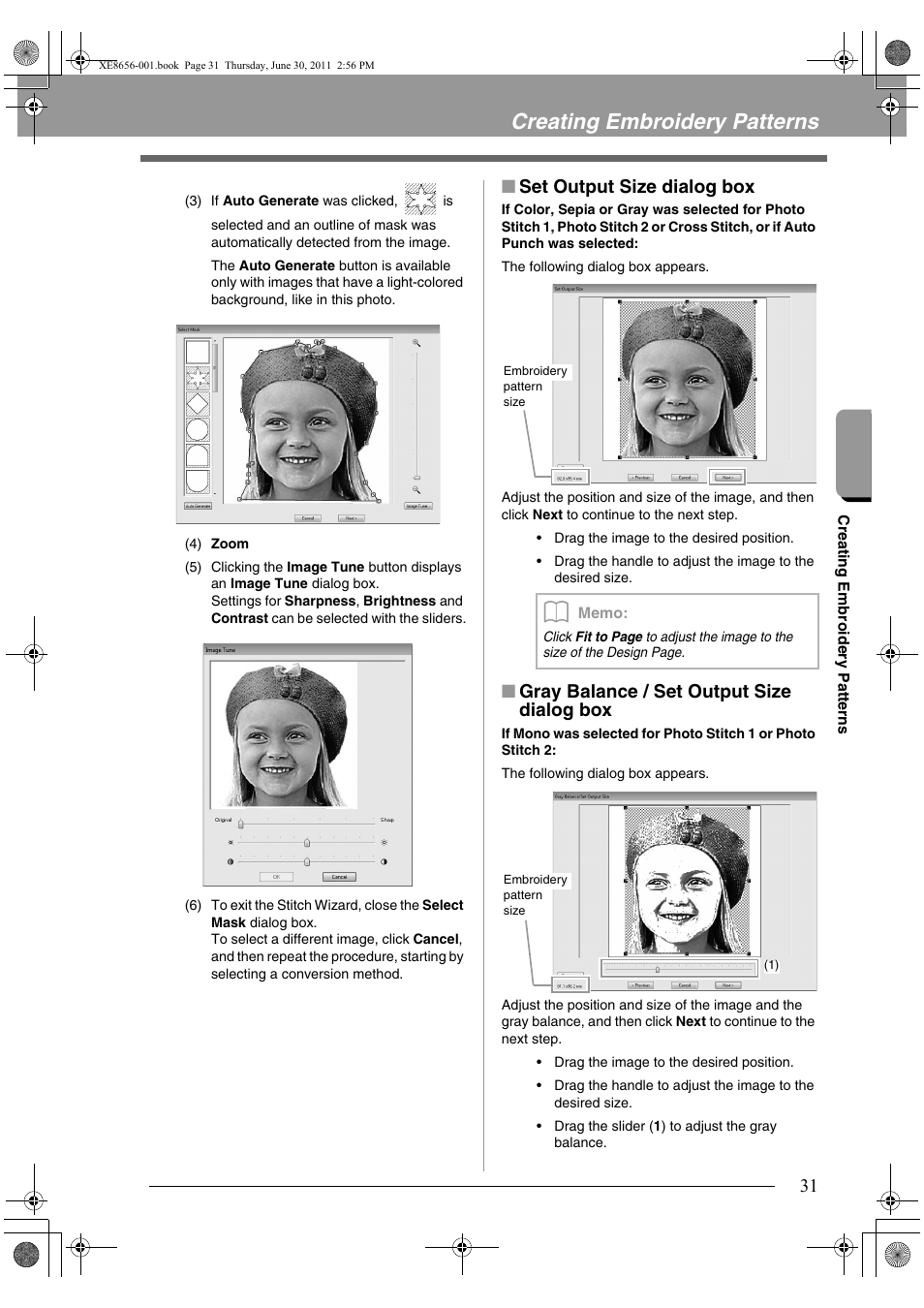 Creating embroidery patterns, Set output size dialog box, Gray balance / set output size dialog box | Brother PE-DESIGN PLUS User Manual | Page 33 / 80